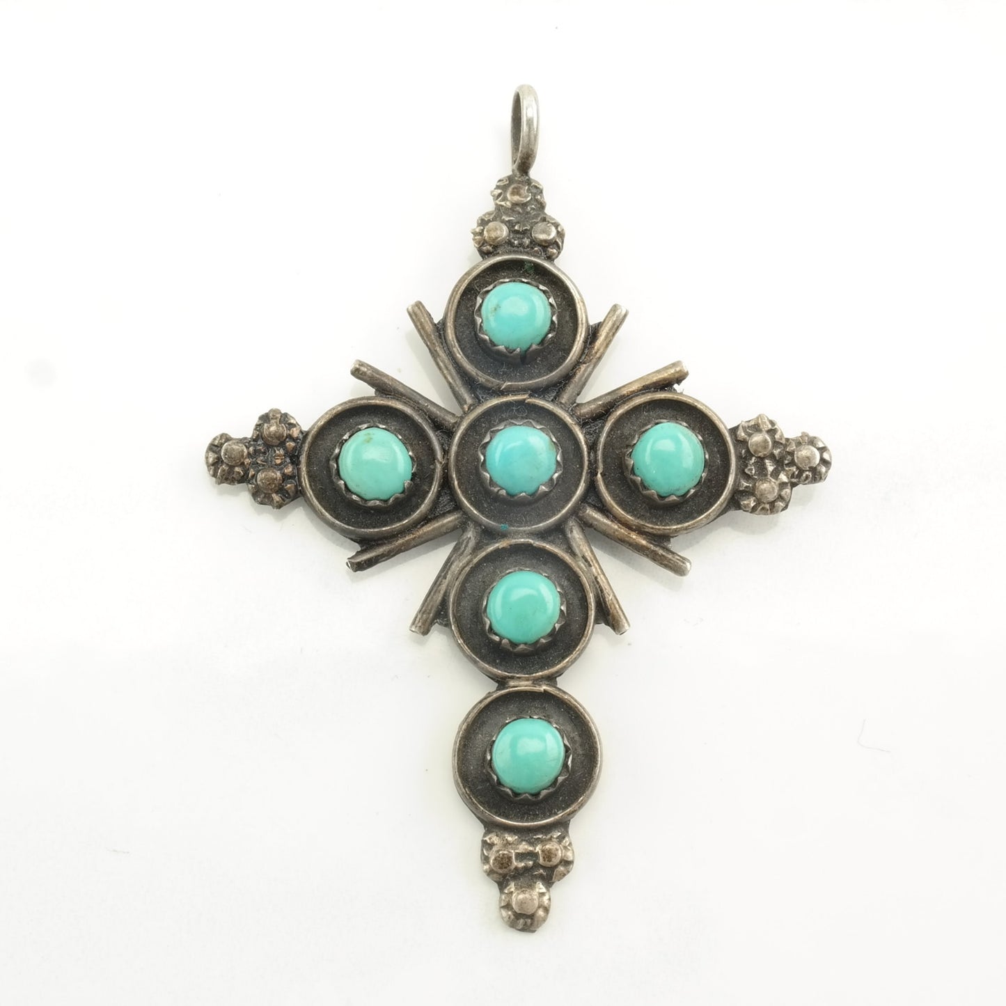 Zuni Turquoise Cross, Snake Eye Sterling Silver Pendant