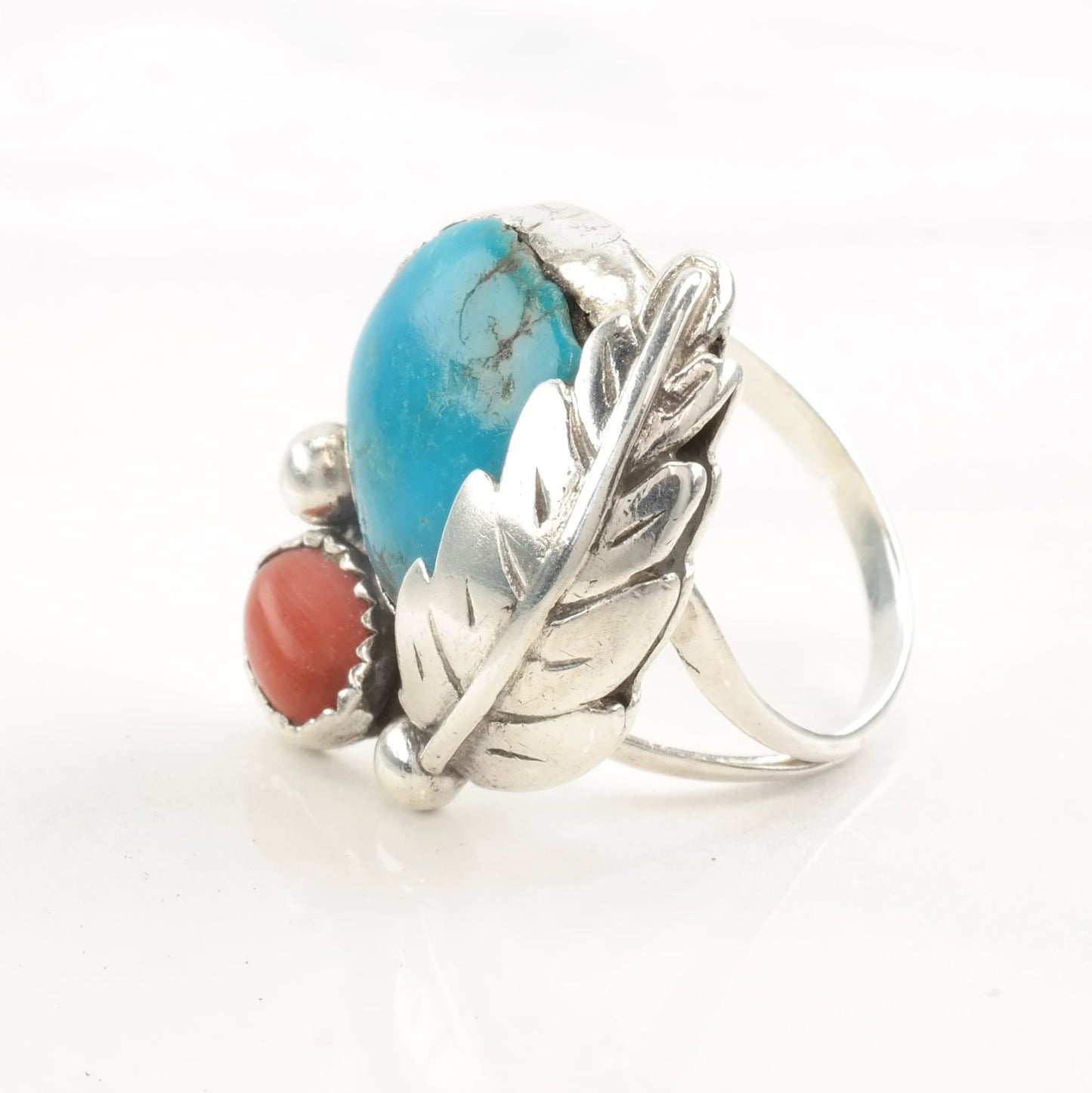 Native American Silver Ring Turquoise Coral Leaf Size 8