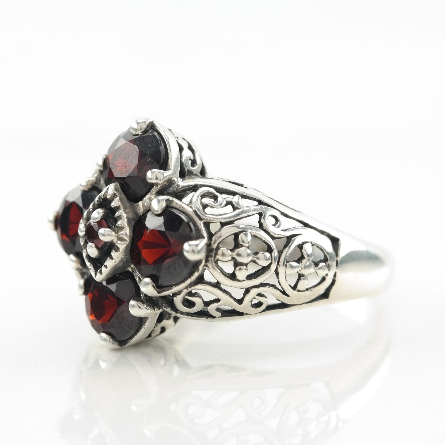 Vintage Garnet Filigree Sterling Silver Ring Red Size 5 3/4