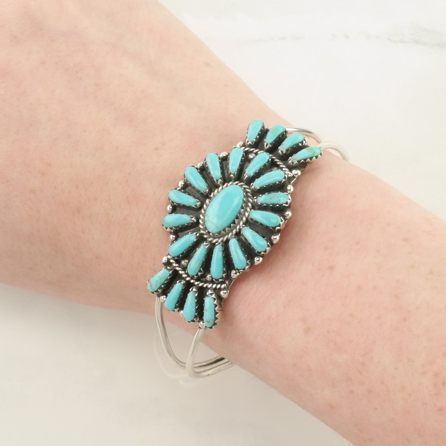 Southwest Sterling Silver Cuff Bracelet Blue Block Turquoise, Cluster Floral