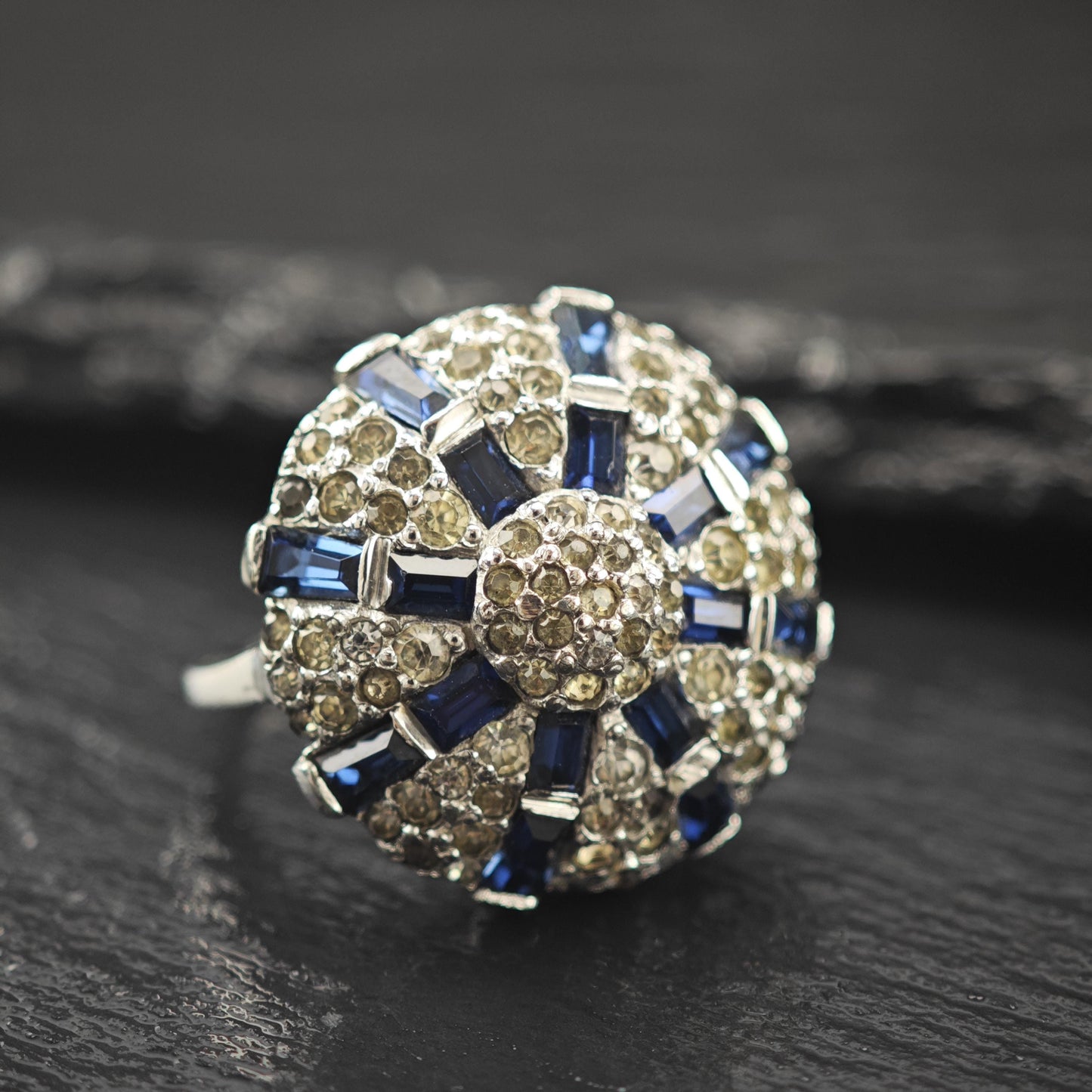 Art Deco Blue and White Dome Ring Sterling Silver Shank