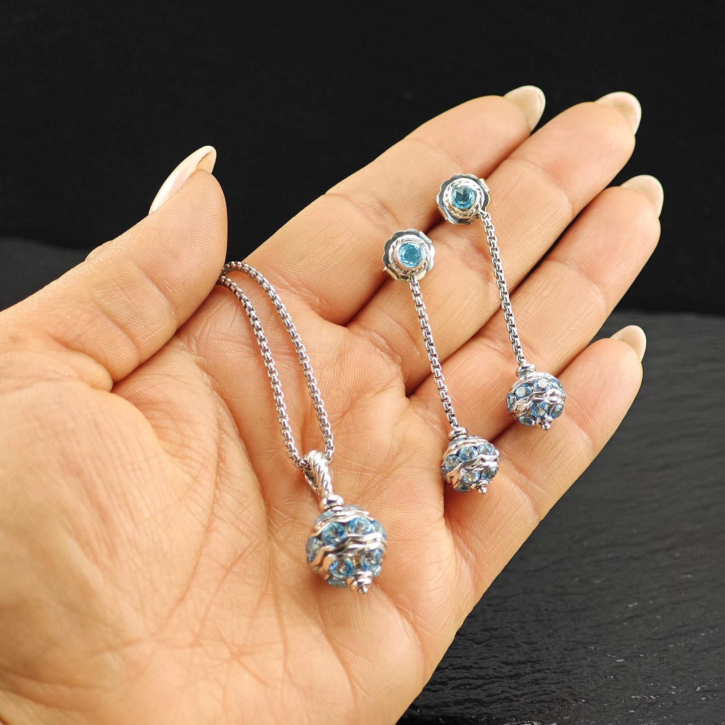 David Yurman Blue Topaz, 18K Gold Post Sterling Silver Earring/Necklace Set