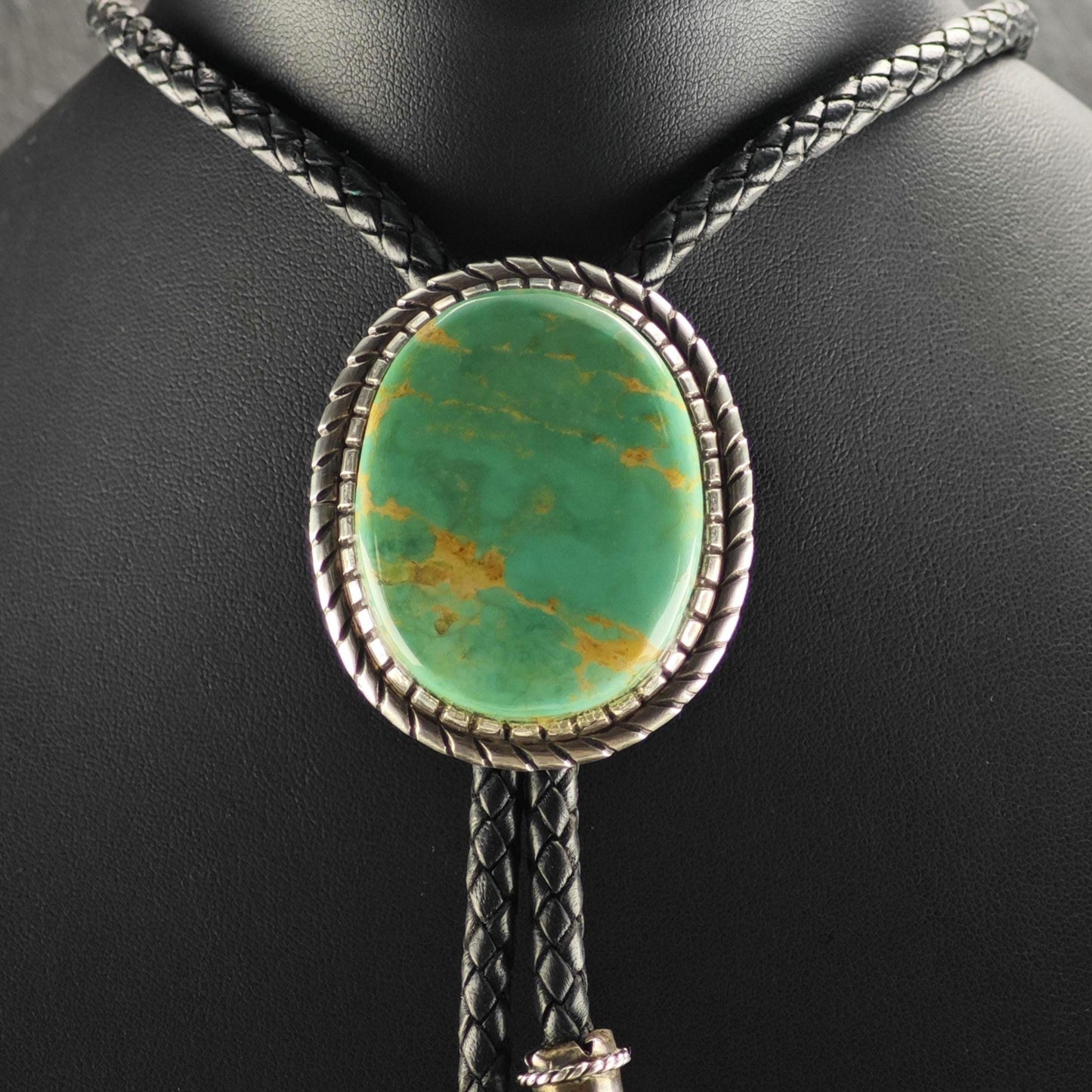Vintage Native American Sterling Silver Green Turquoise Bolo Tie Necklace N2749