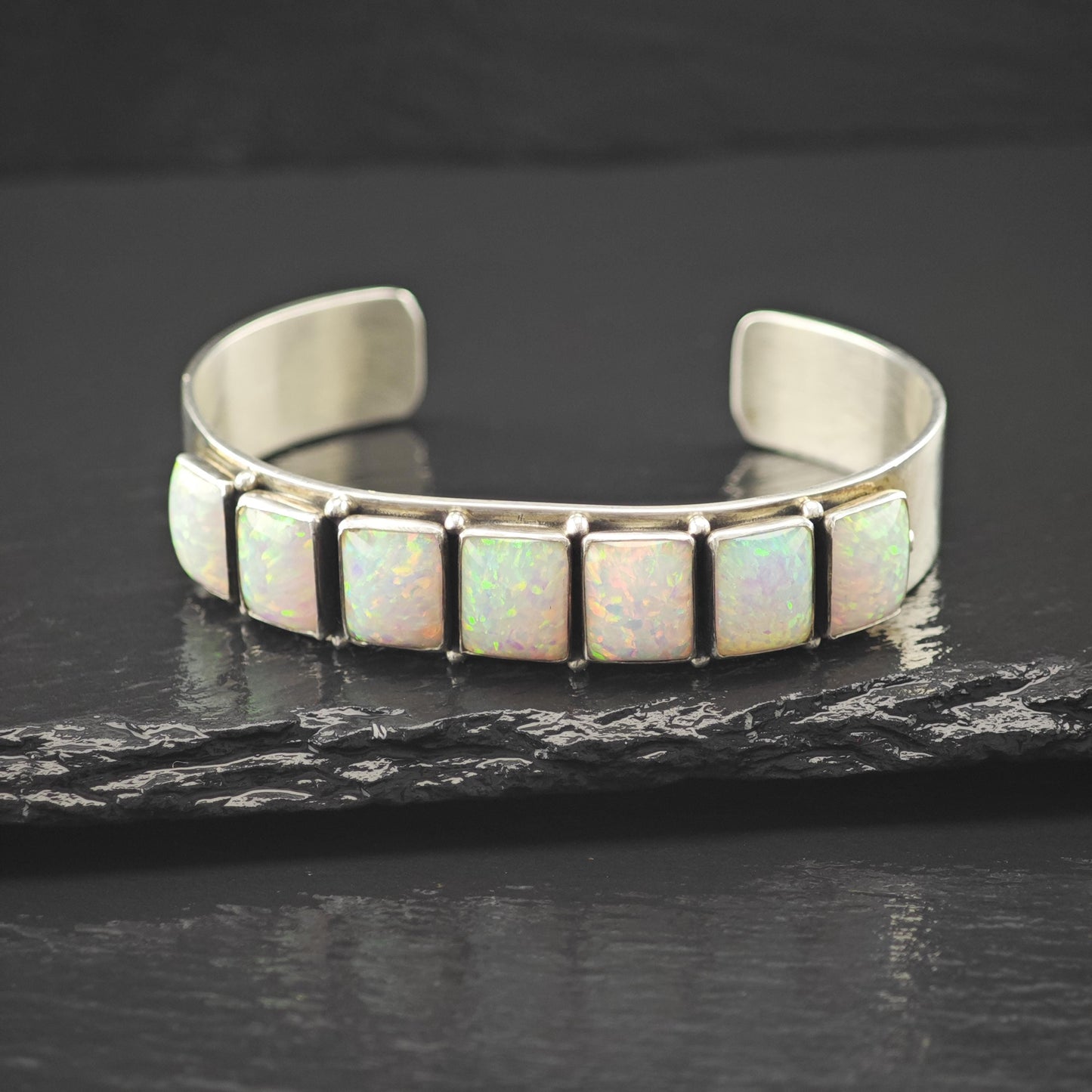 Navajo, Leonard James Lab Opal Cuff Bracelet Sterling Silver