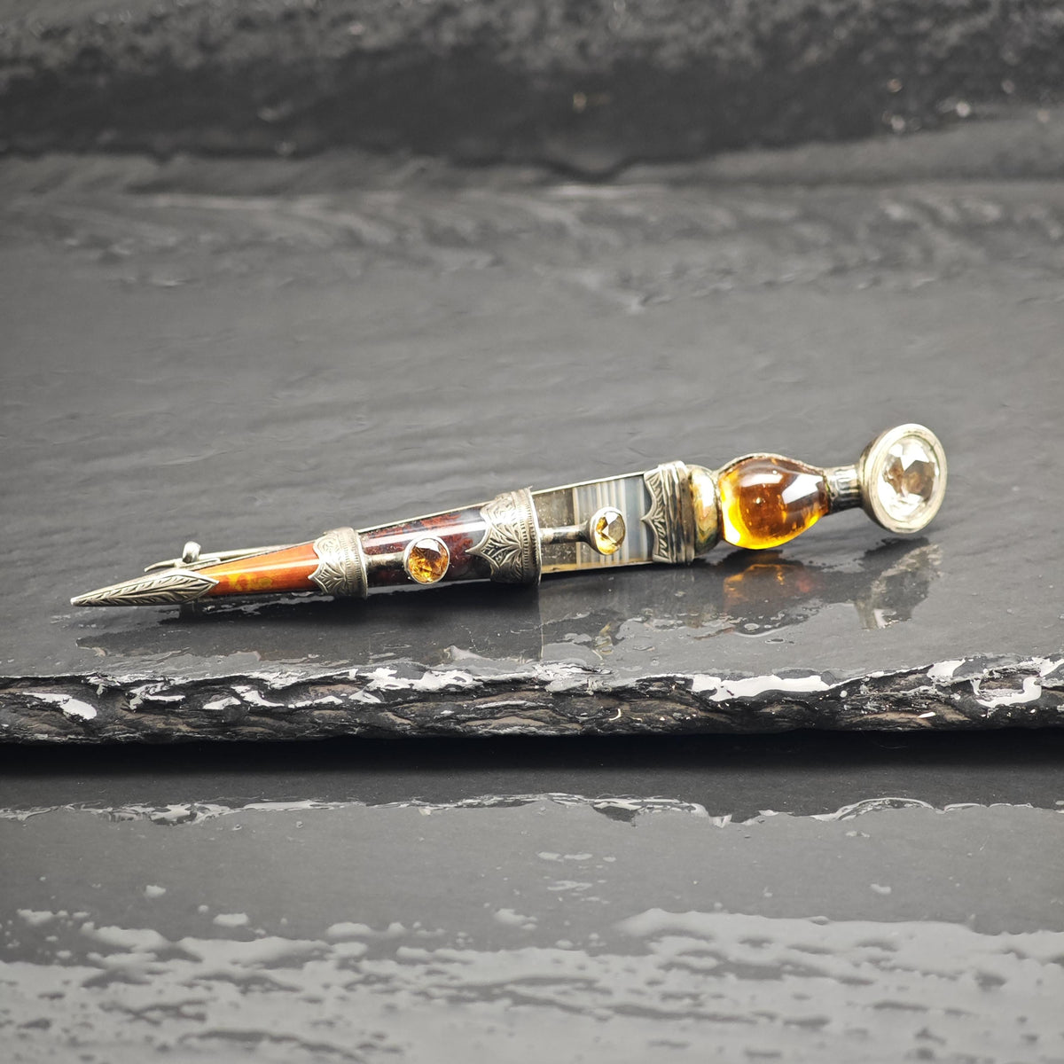 Scottish Agate, Citrine Spire Dirk Kilt Brooch Sterling Silver B2248