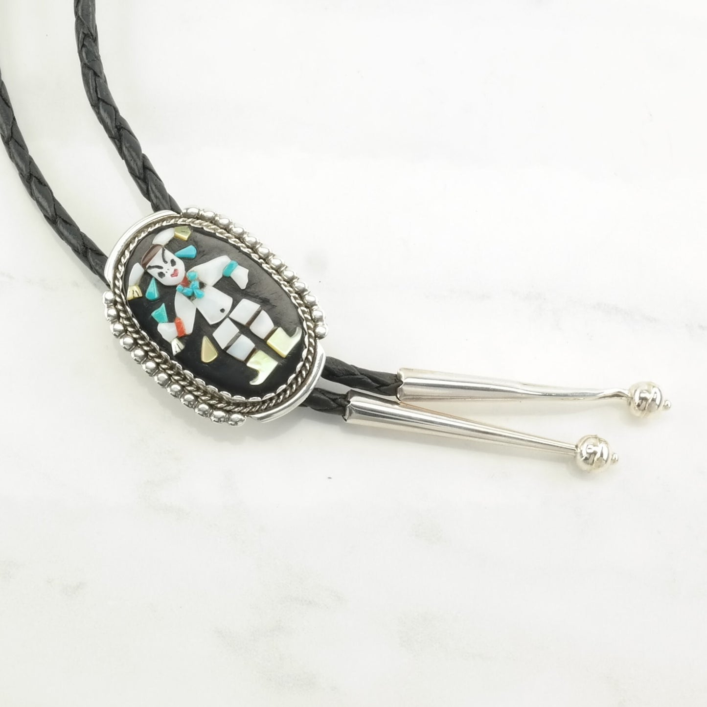 Zuni Calavaza Inlay Bolo Tie Figure Sterling Silver Turquoise Coral Necklace