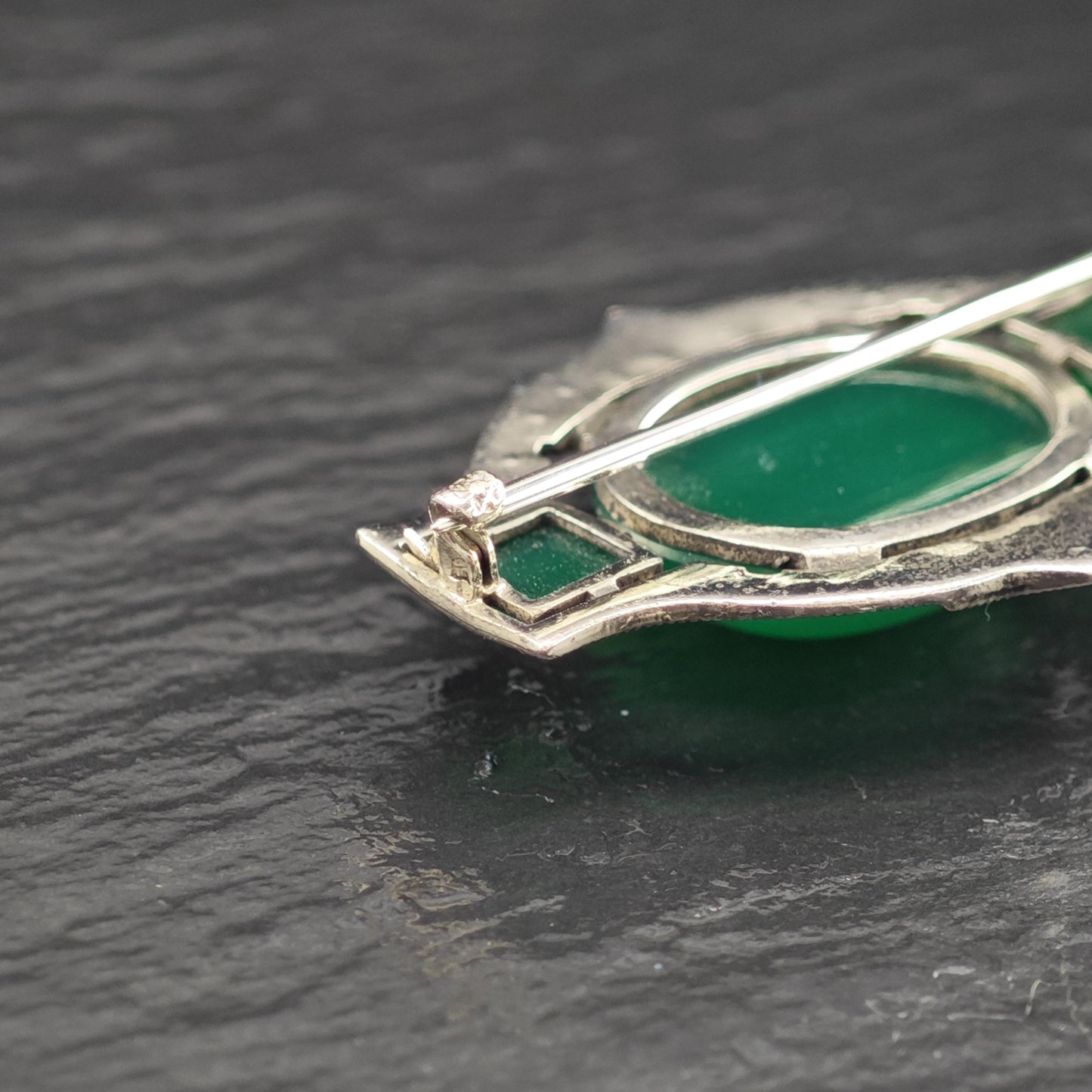 Art Deco Sterling Silver Brooch Oval Green Onyx, Marcasite B2141