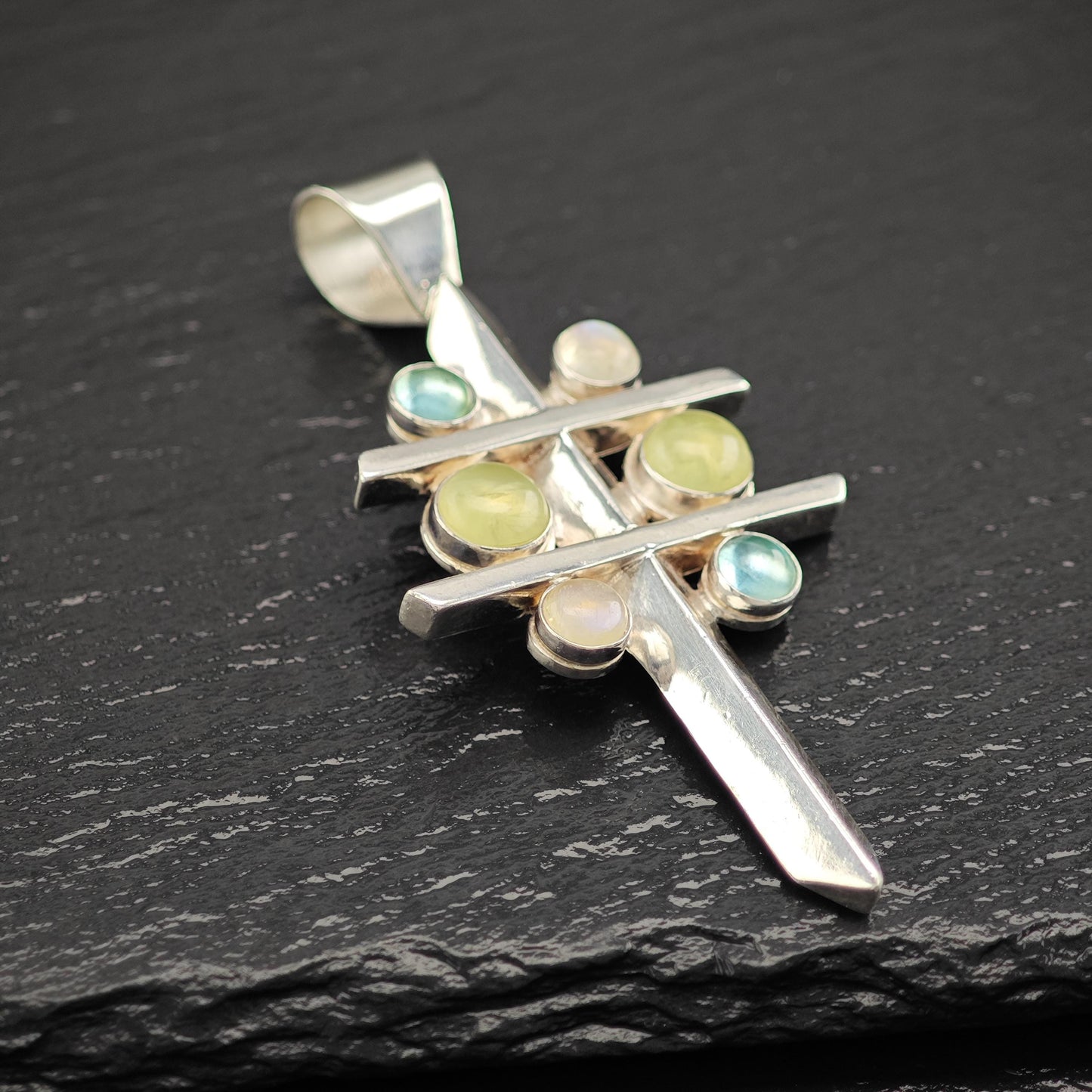Vintage DTR Moonstone, Prehnite, Topaz Cross Pendant Sterling Silver