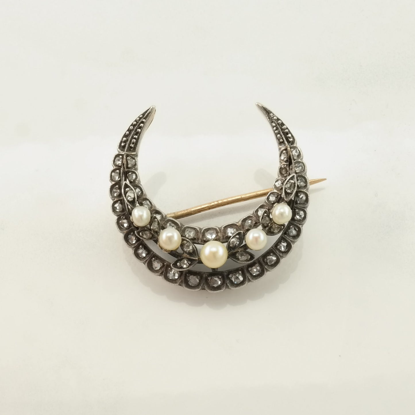 Victorian Rose Cut Diamond Crescent Brooch 14k Gold on Silver Natural Pearl