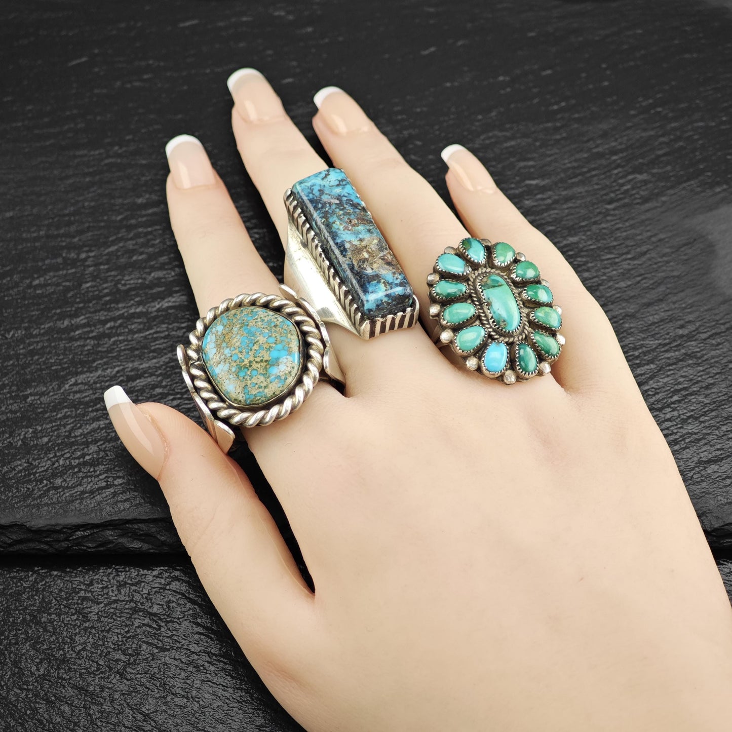 Green Turquoise Cluster Ring Native Sterling Silver R5795
