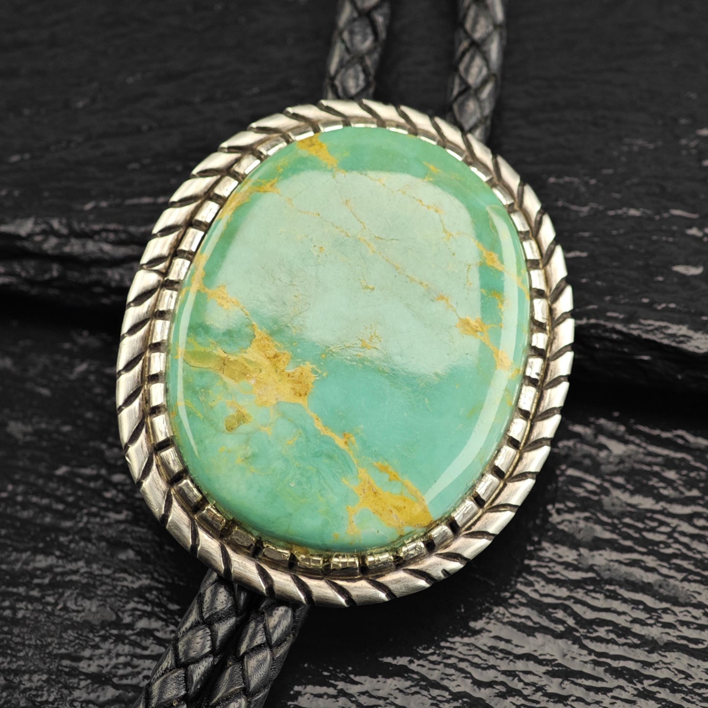 Vintage Native American Sterling Silver Green Turquoise Bolo Tie Necklace N2749