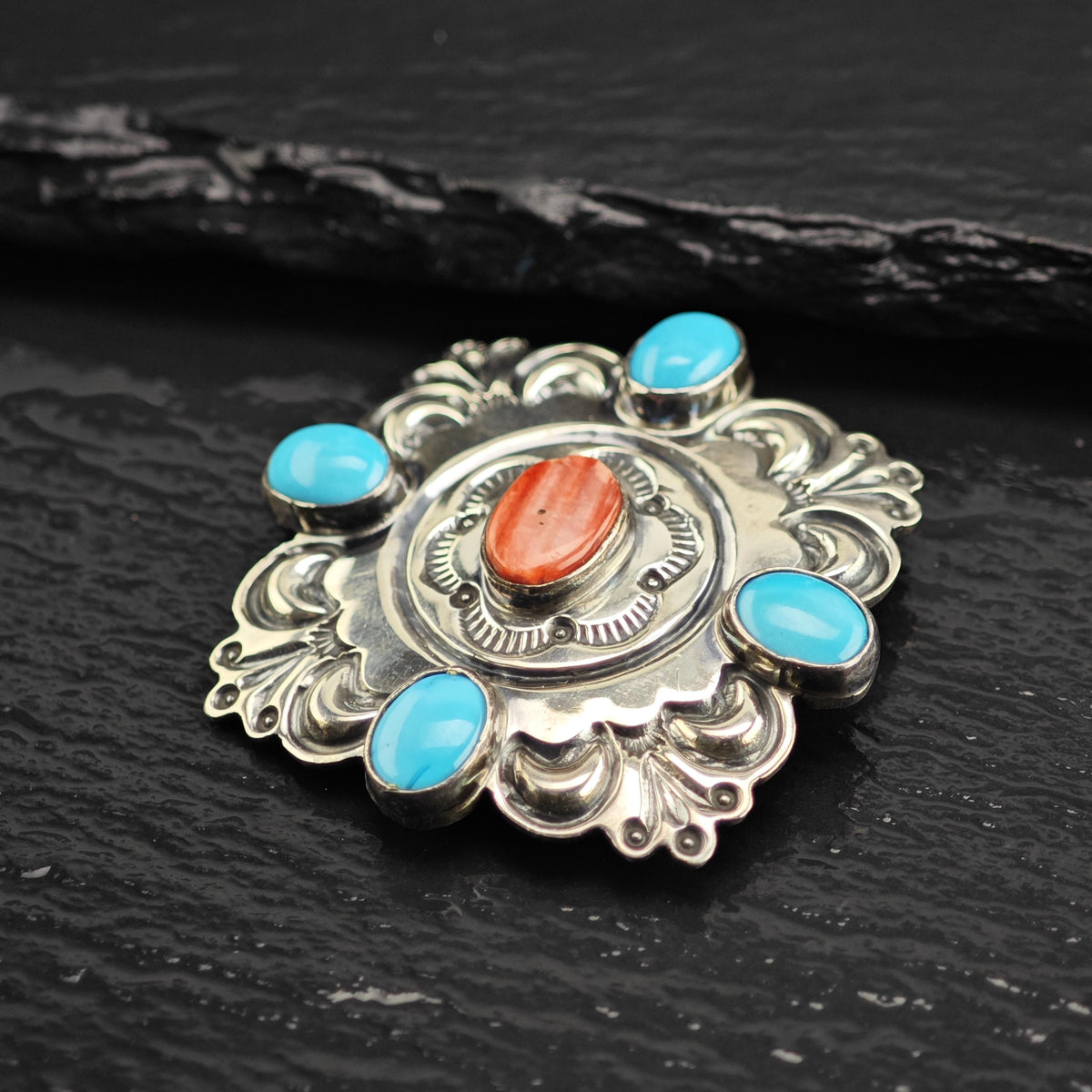 SW Turquoise & Spiney Oyster Brooch Sterling Silver B2241