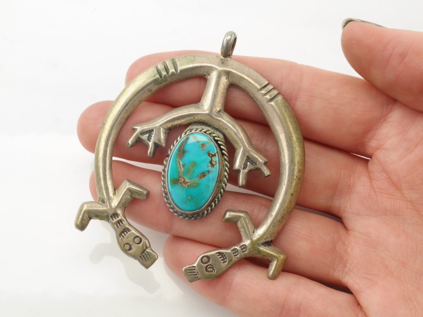 Vintage Native American Blue Gem Turquoise Lizard Sterling Silver Pendant