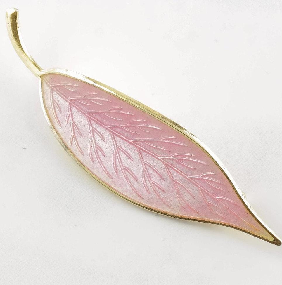 European Sterling Silver Gold Pink Enamel Leaf Brooch