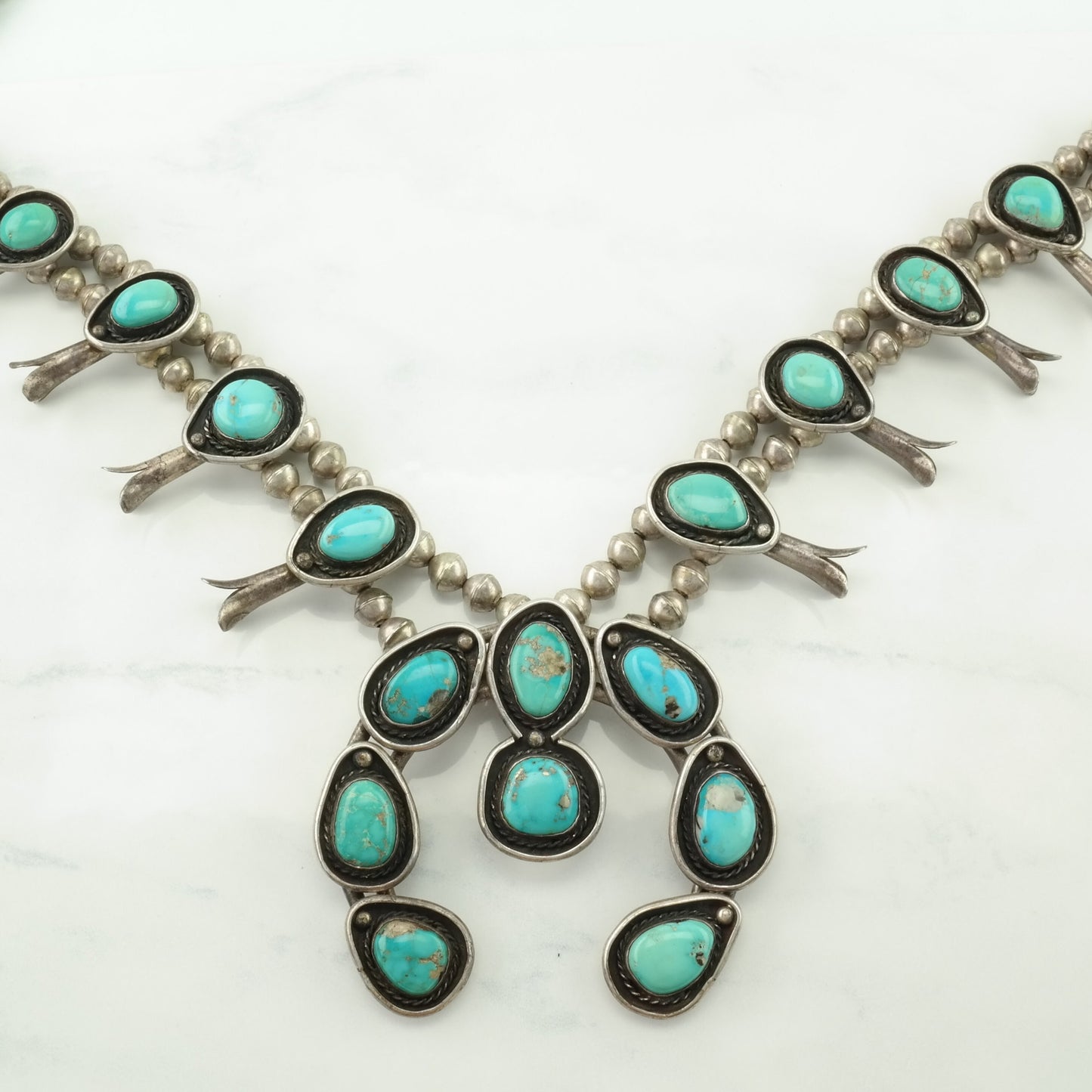 Vintage Native American Sterling Silver Blue Turquoise Squash Blossom Necklace