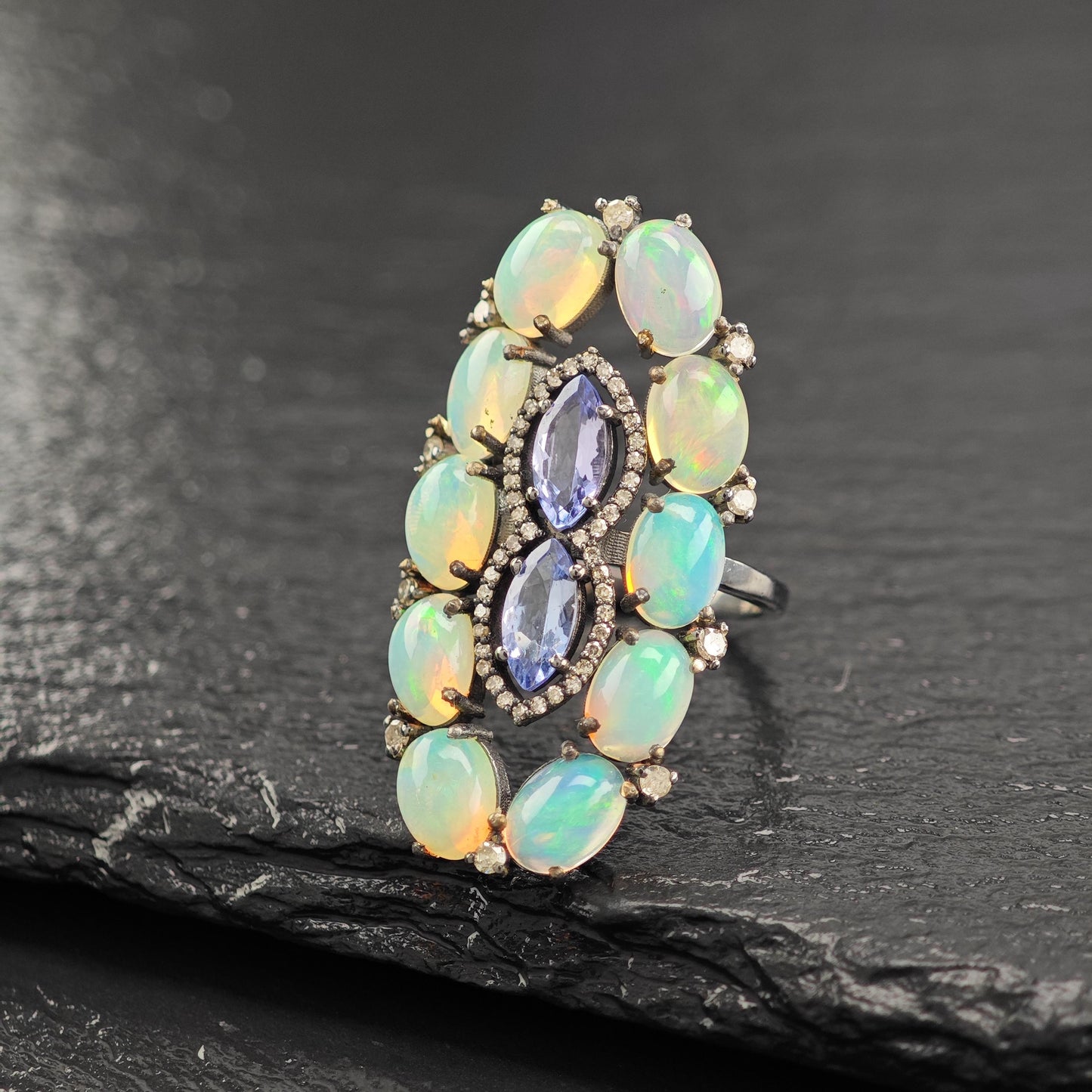 Oxidized Sterling Silver Ring with Diamond Tanzanite Opal