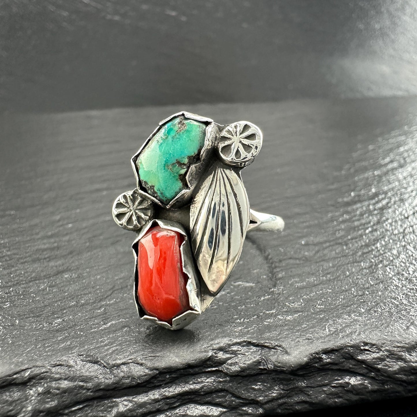 Turquoise, Coral Floral Ring Sterling Silver R5819