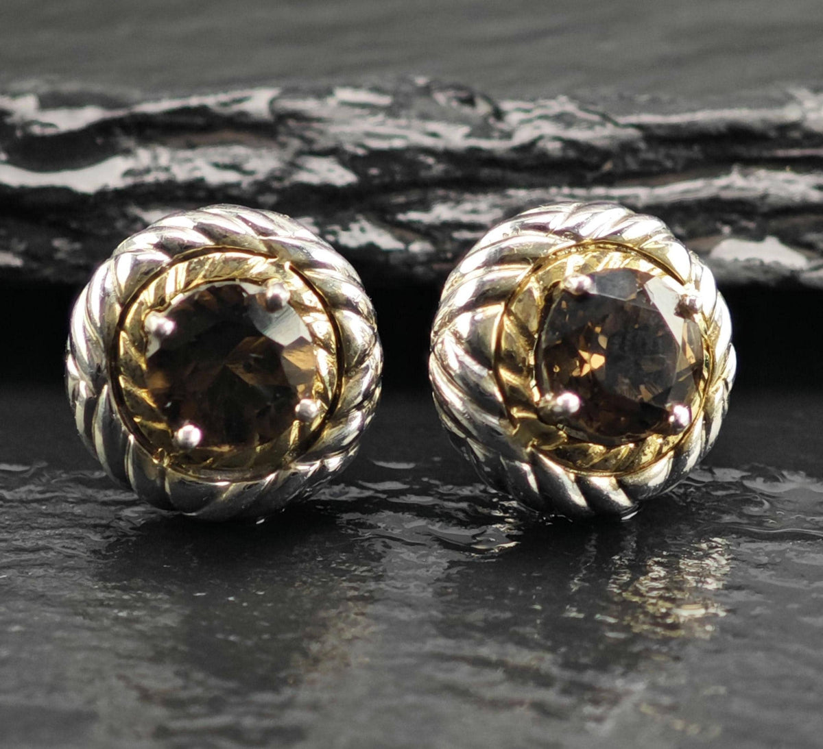Vintage Designer Smoky Quartz 14k Bezel Stud Sterling Silver Earrings ER3230