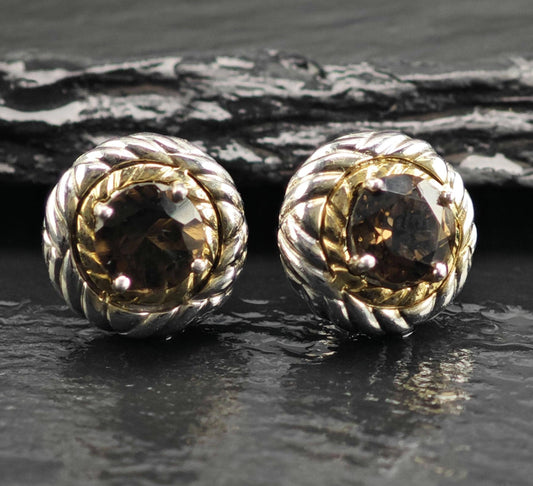 Vintage Designer Smoky Quartz 14k Bezel Stud Sterling Silver Earrings ER3230