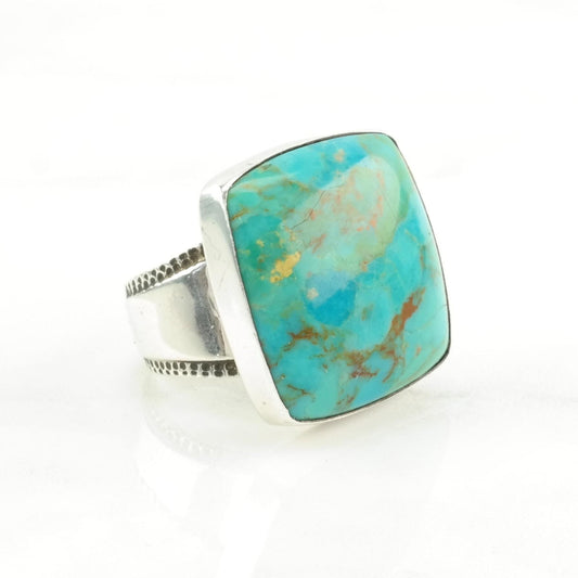 DTR Silver Ring Reconstituted Turquoise Large, Square Sterling Blue Size 7