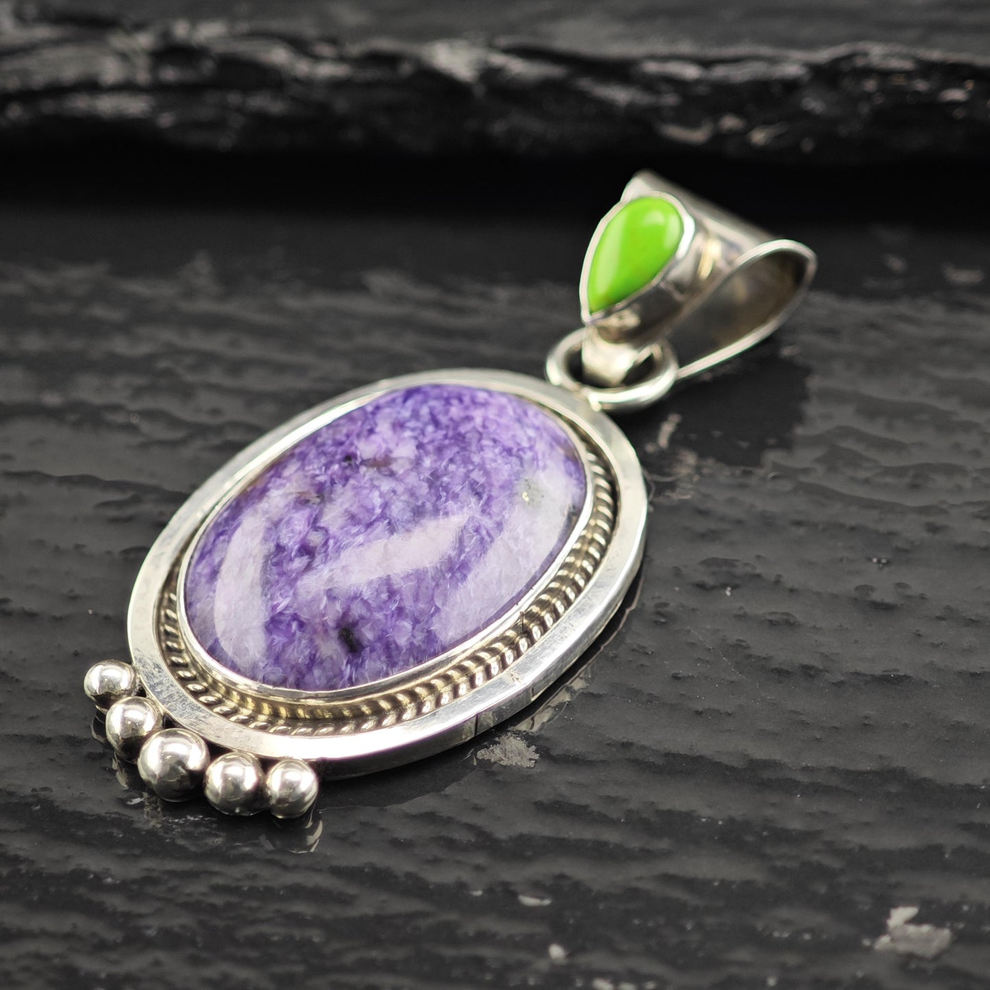 Vintage Running Bear Charoite Pendant Sterling Silver P3065