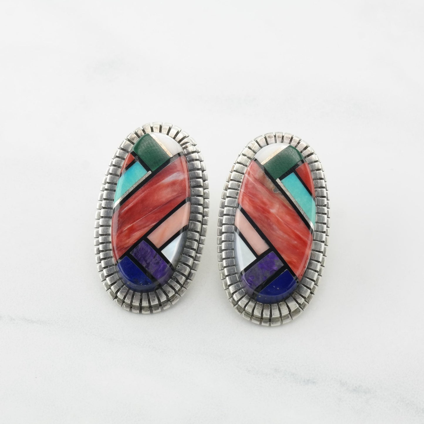 Vintage Native American Inlay Stud Earrings Sterling Silver Turquoise Spiny Oyster Lapis