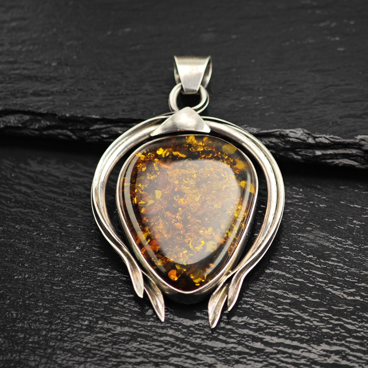 Large Teardrop Amber Sterling Silver Pendant P3125