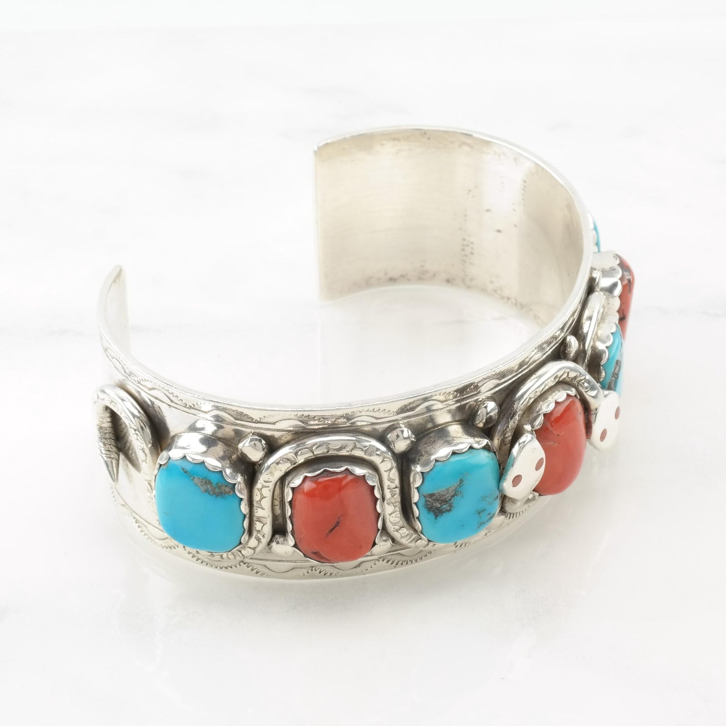 Zuni Snake Cuff Bracelet Native American Sterling Silver Sleeping Beauty Turquoise Mediterranean Coral