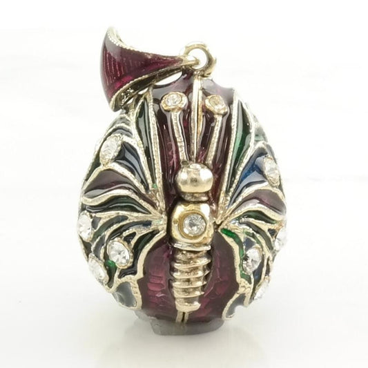 Vintage Enamel, CZ Egg, Butterfly Sterling Silver Pendant