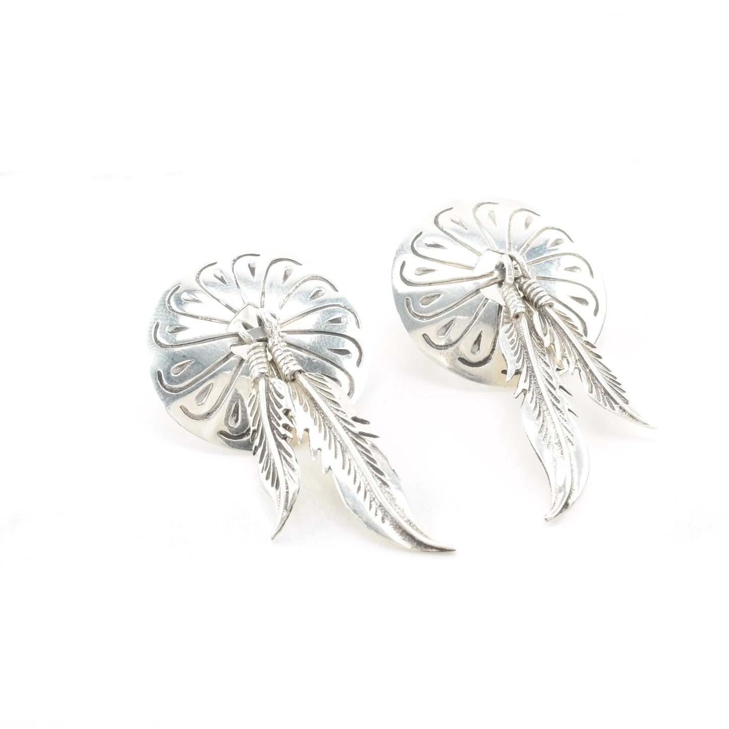 Vintage Concho Feather Stud Earrings Sterling Silver Stamped