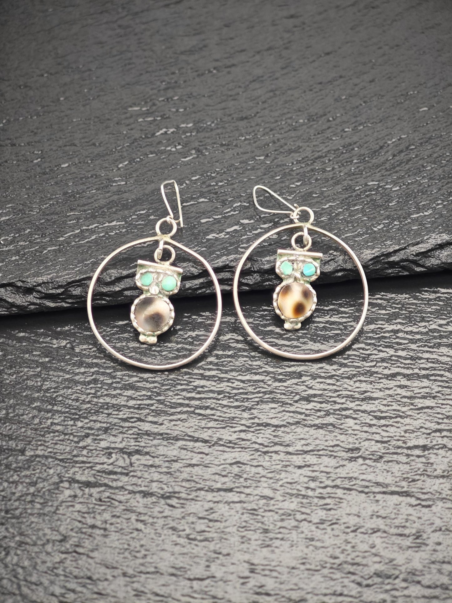 Zuni Inlay Hoop Earrings - Vintage Owl Design Sterling Silver
