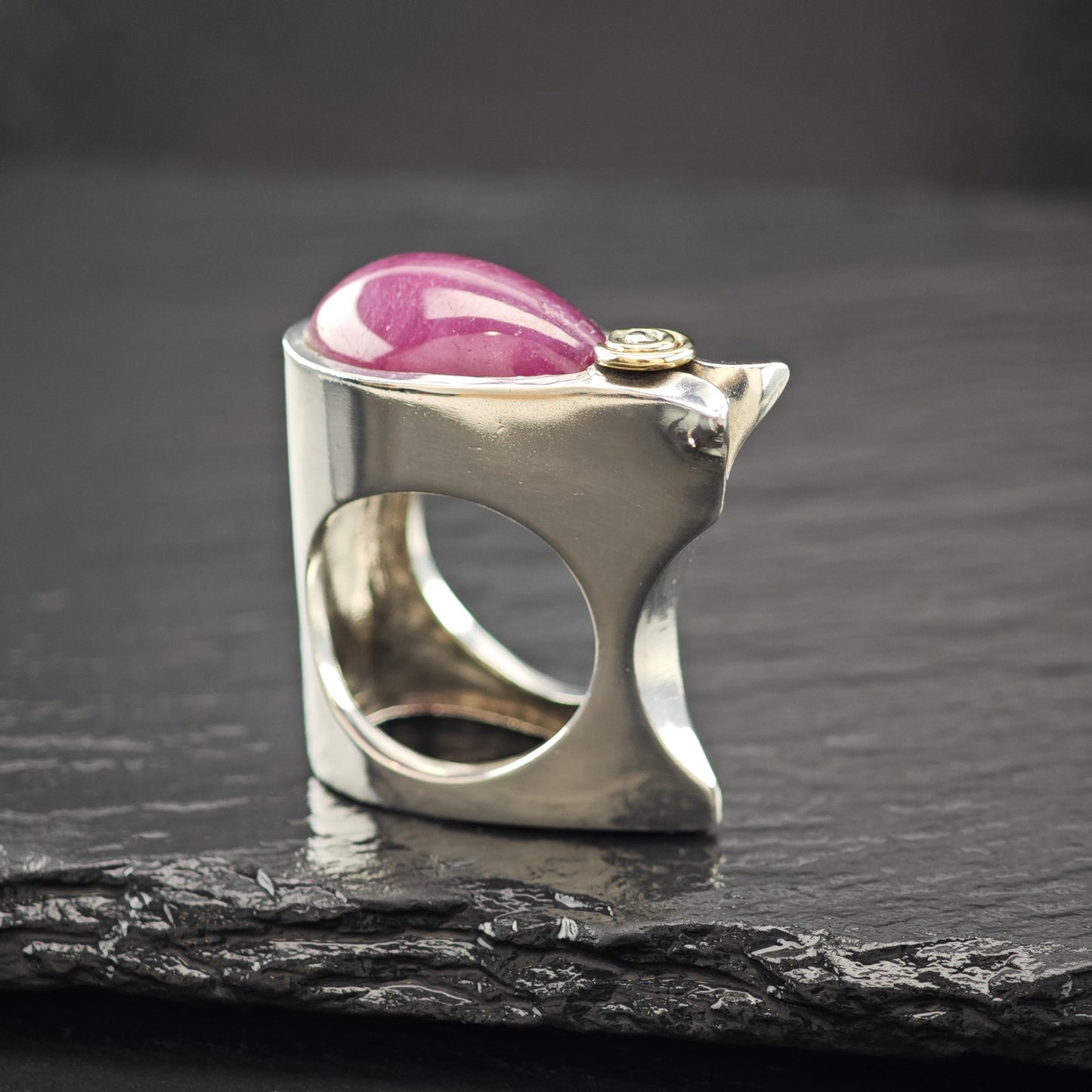 Wave Style Pink Ruby Cabochon Ring Sterling Silver Size 7 1/2