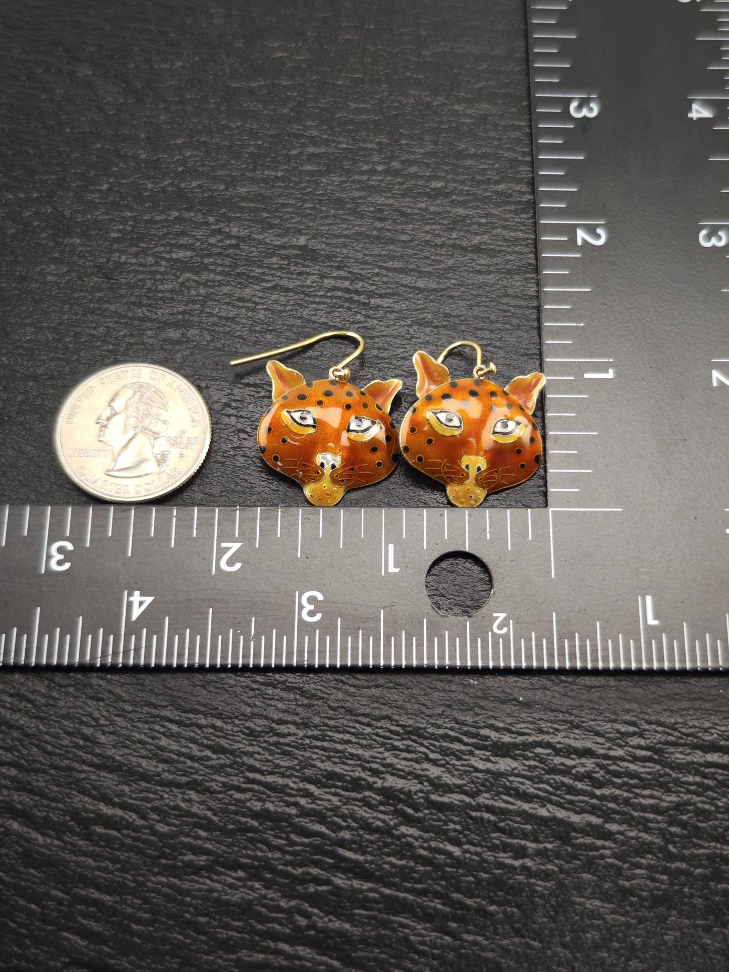 Laurel Burch Orange, Gold Gilded Enamel Cheetah Cat Fish Hook Earrings Sterling Silver