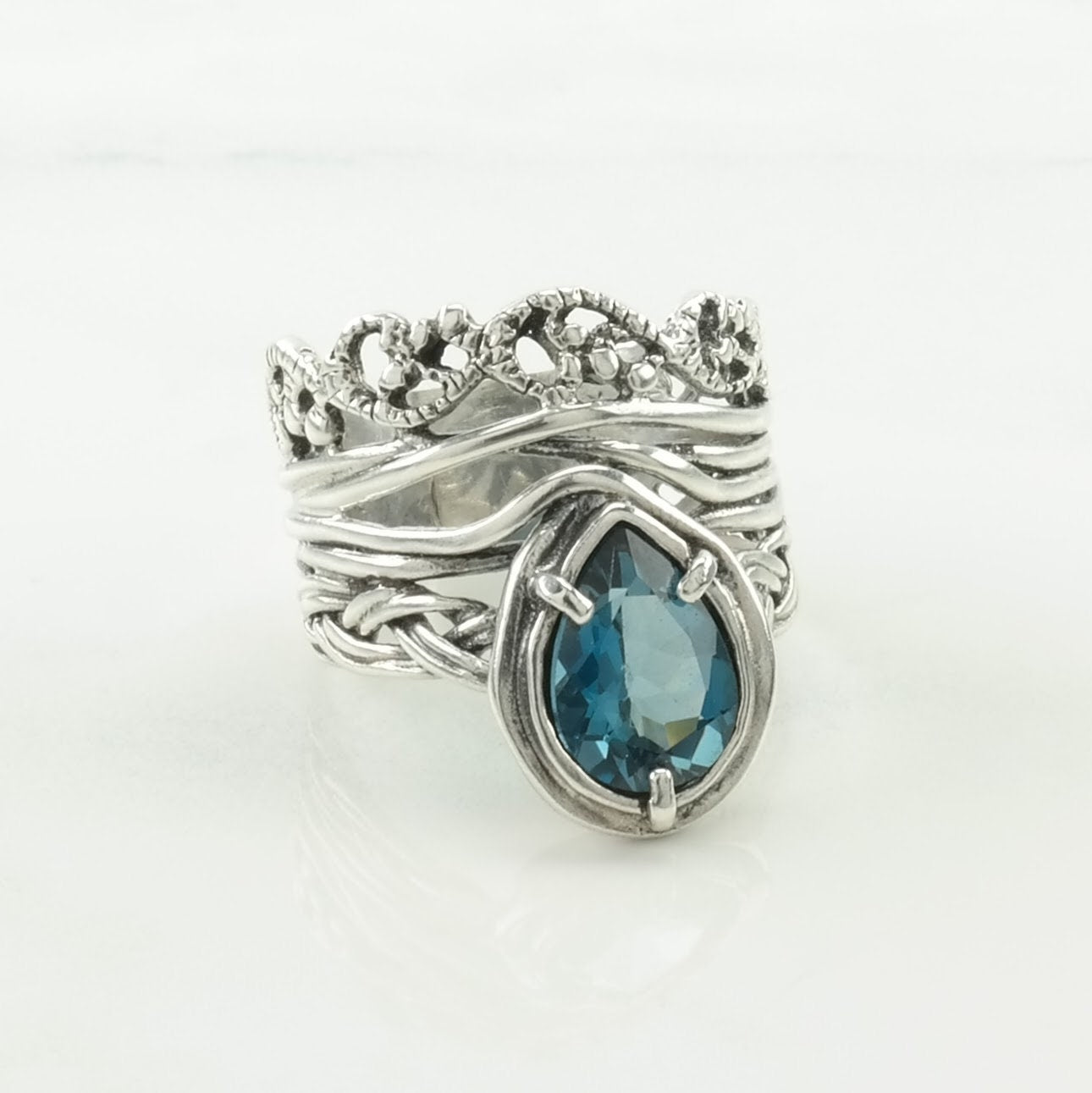 Israel Silver Ring Topaz Braided Sterling Blue Size 7 1/2