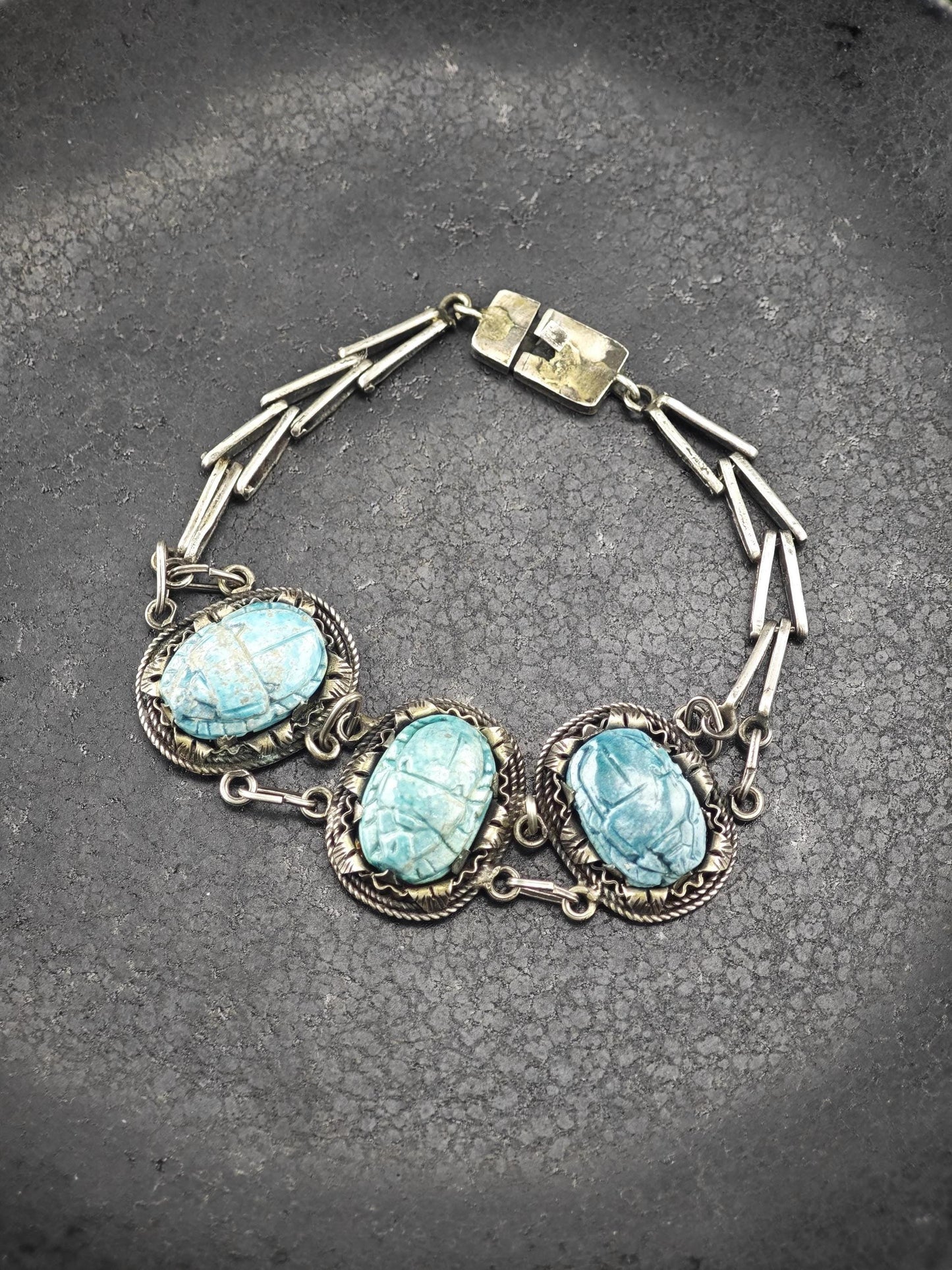Archeological Egyptian Revival, Scarab Bracelet Sterling Silver