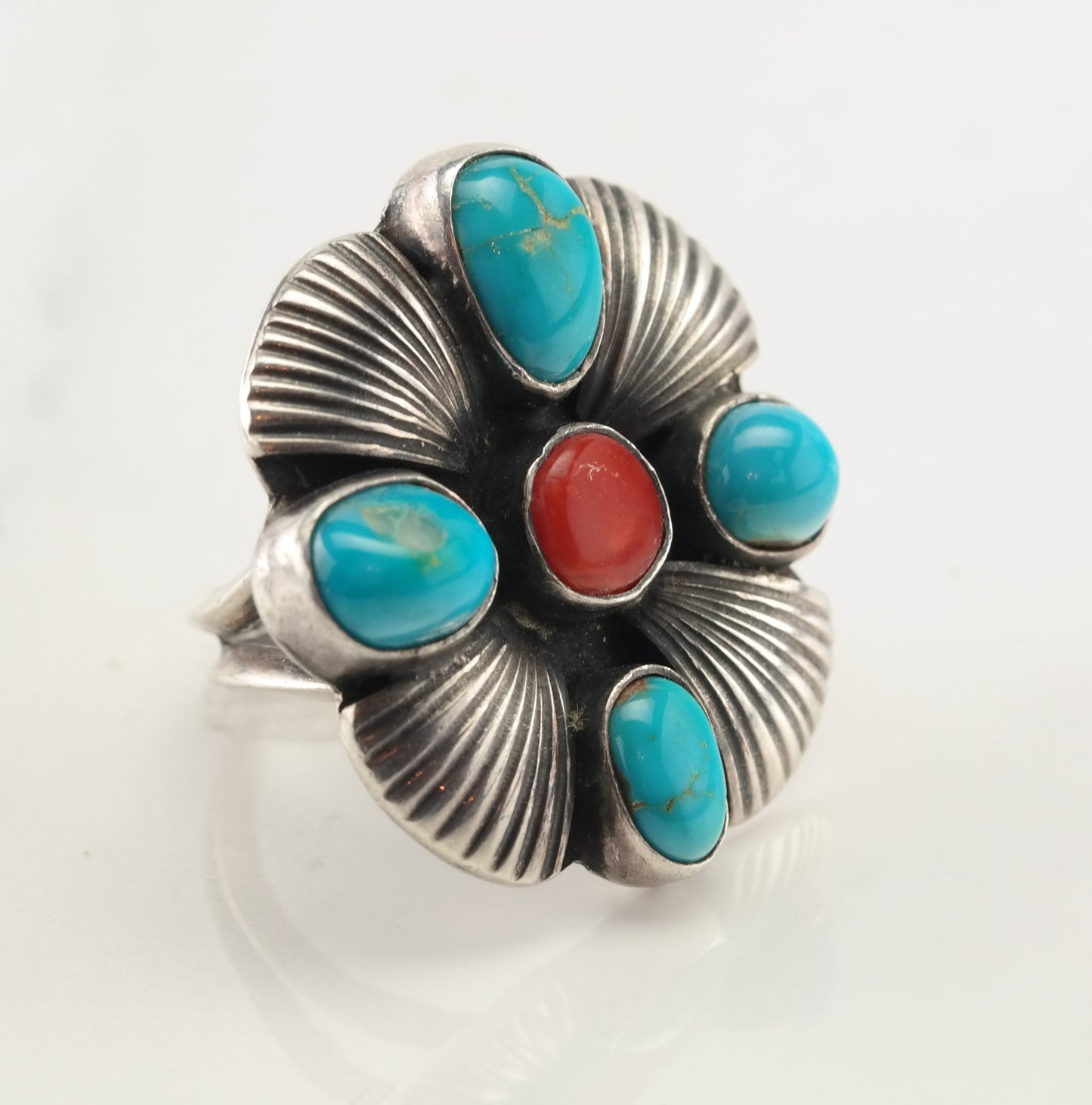 Native American Silver Ring Turquoise, Coral Floral Sterling Size 7