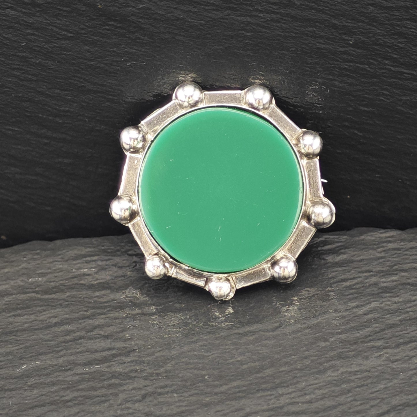 Mexico Sterling Silver Brooch Round Green Onyx