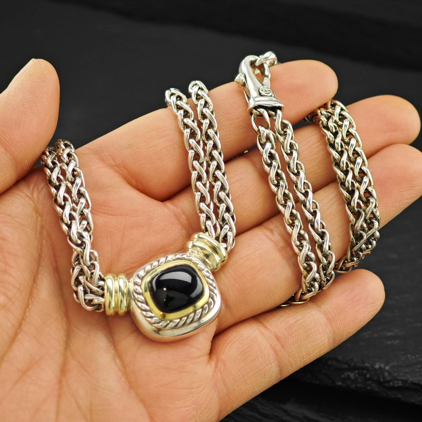 Vintage, David Yurman Sterling Silver Black, Gold Onyx 14K Gold Accent Necklace N2656