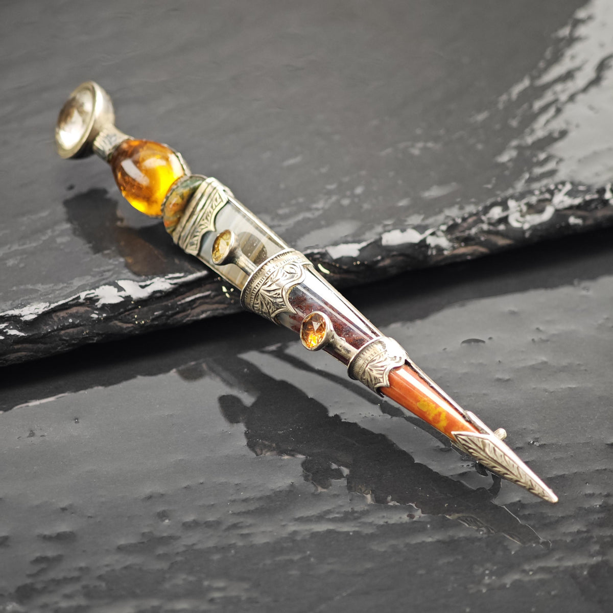 Scottish Agate, Citrine Spire Dirk Kilt Brooch Sterling Silver B2248