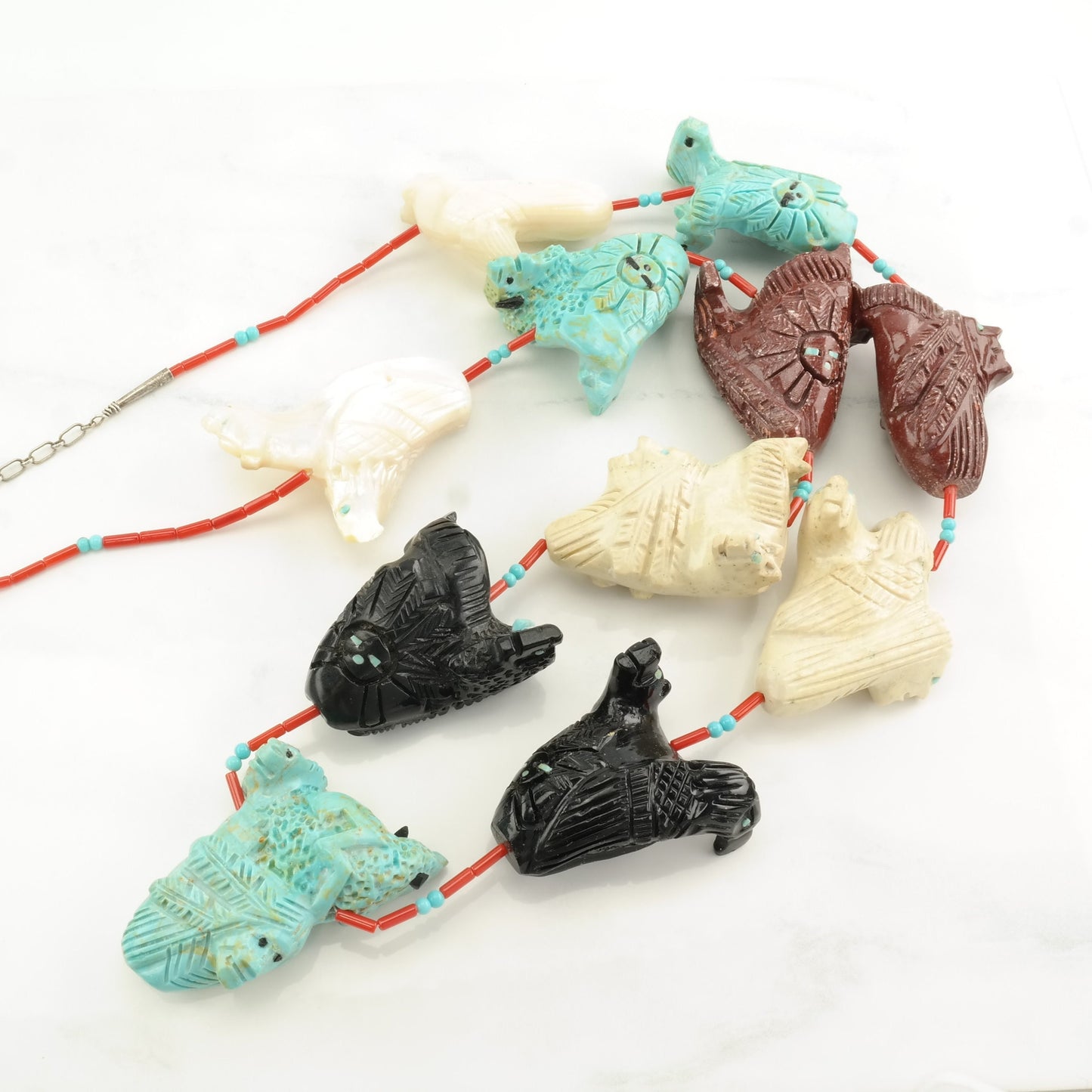 Southwest Sterling Silver Onyx, Block Turquoise Carved Animals, Faces Necklace