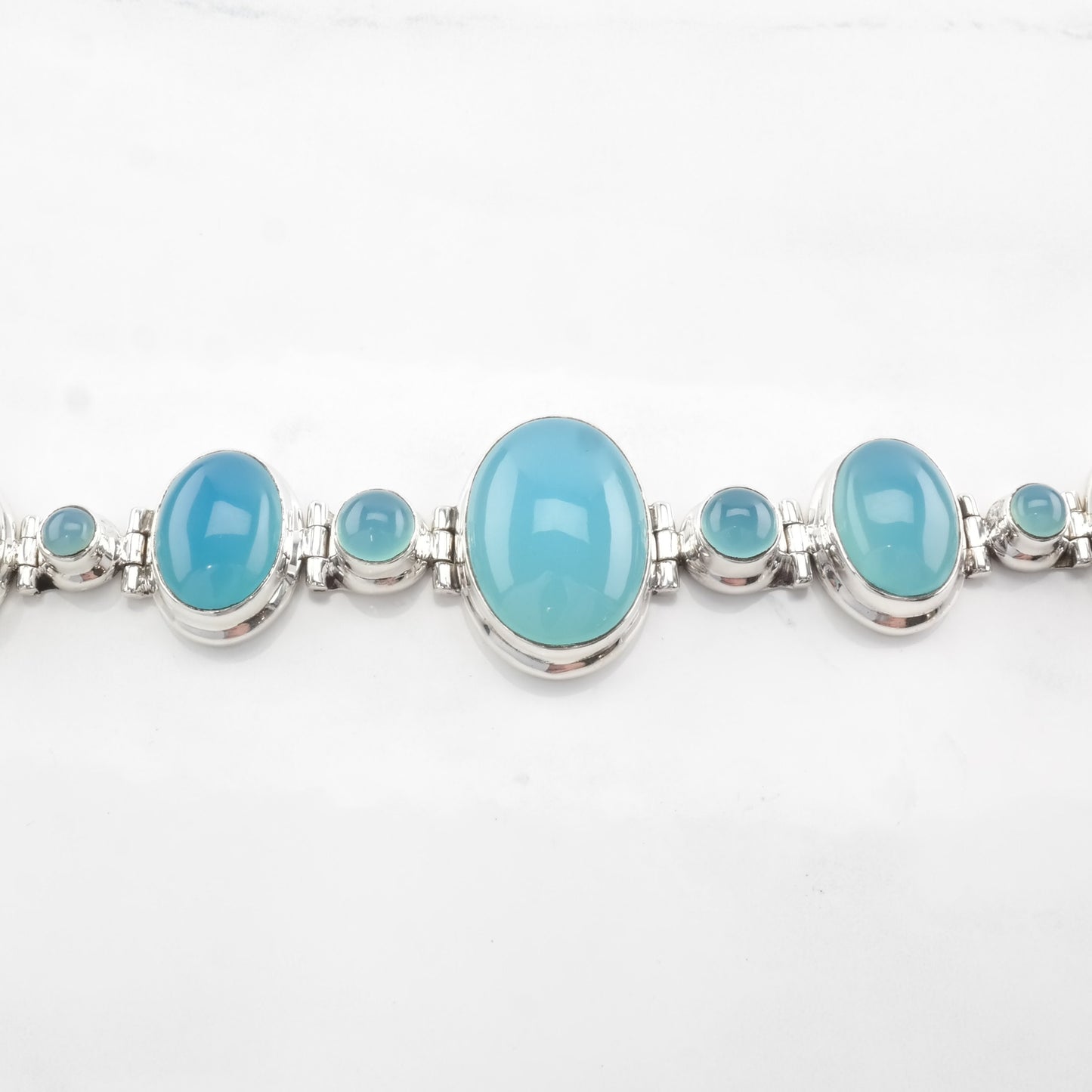 Vintage Blue Gem Silica Bracelet Sterling Silver Link Chalcedony Toggle Clasp