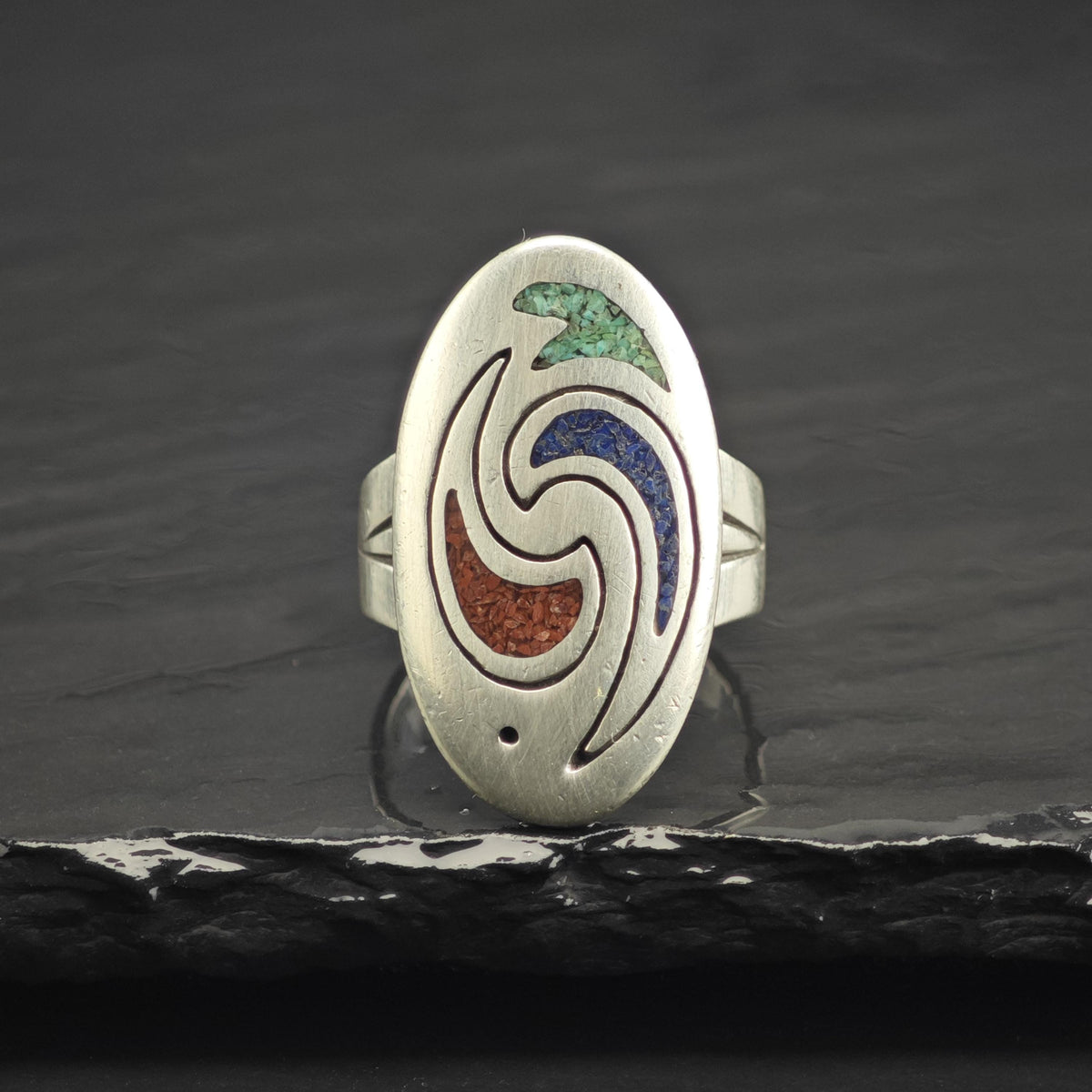 Carolyn Pollack Coral, Turquoise, Lapis Inlay Sterling Silver Ring Sz 7 3/4 R6756