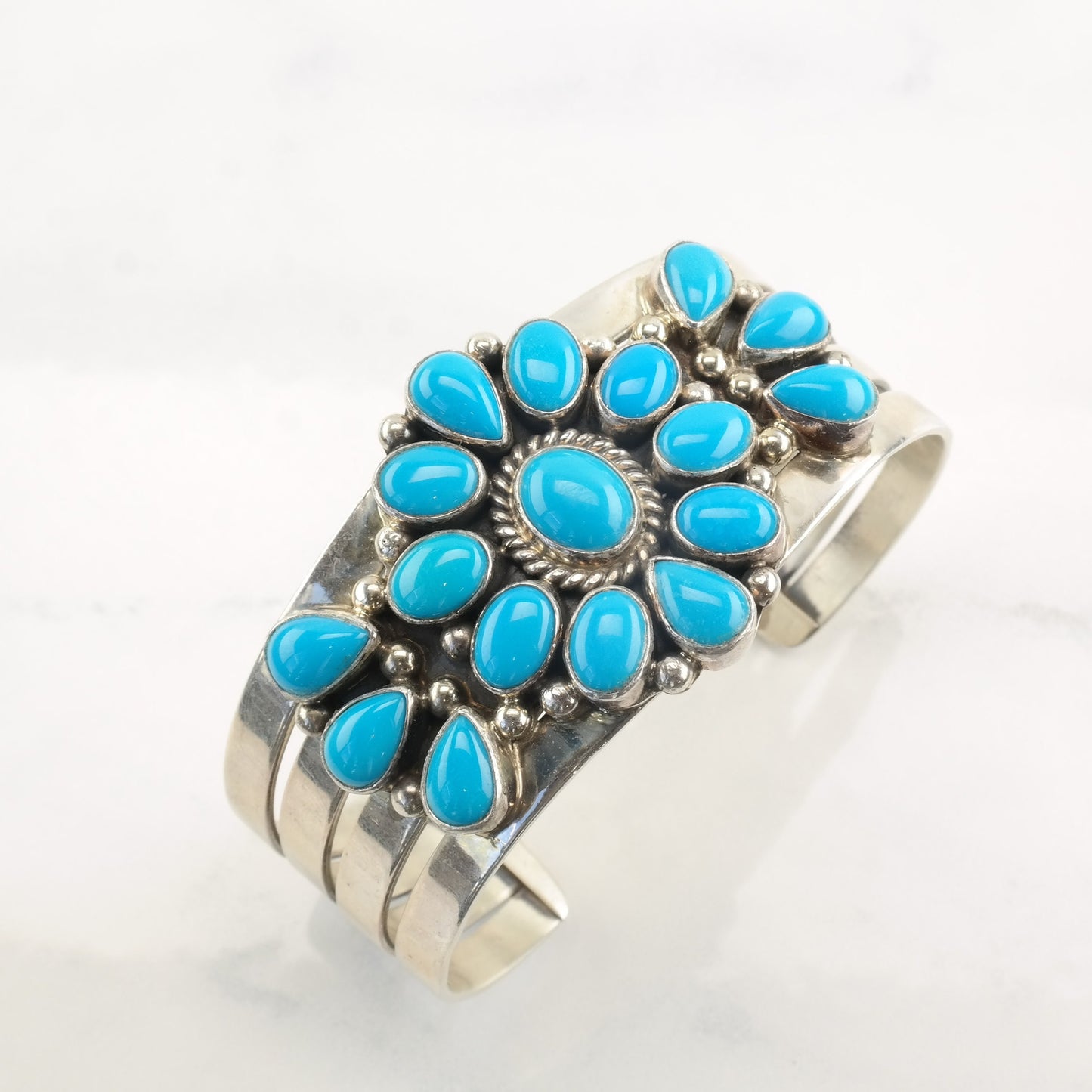 Native American Sterling Silver Cuff Bracelet Turquoise Cluster