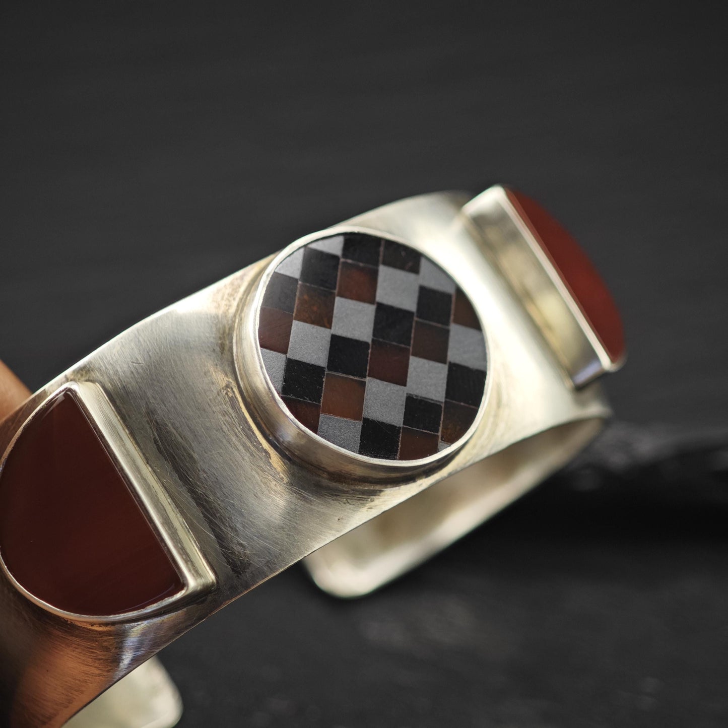 GFMW Mid Century Silver Cuff Bracelet Carnelian Checkered Sterling