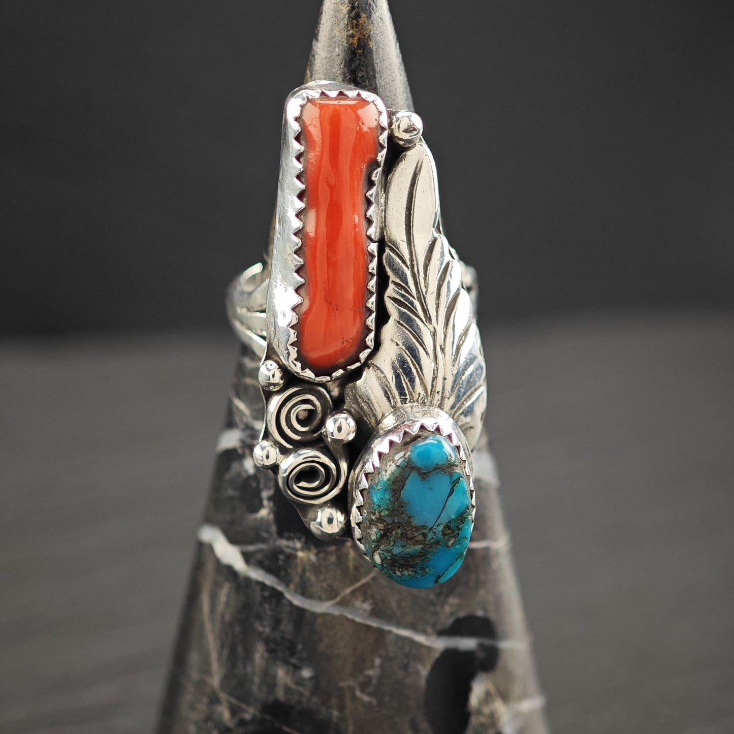 Turquoise Coral Floral Ring Sterling Silver Size 6 1/2 R5829