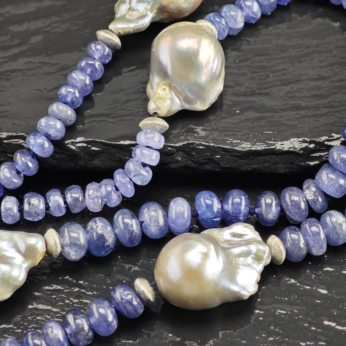 Blue Tanzanite Pearl Beaded Necklace Sterling Silver N2781