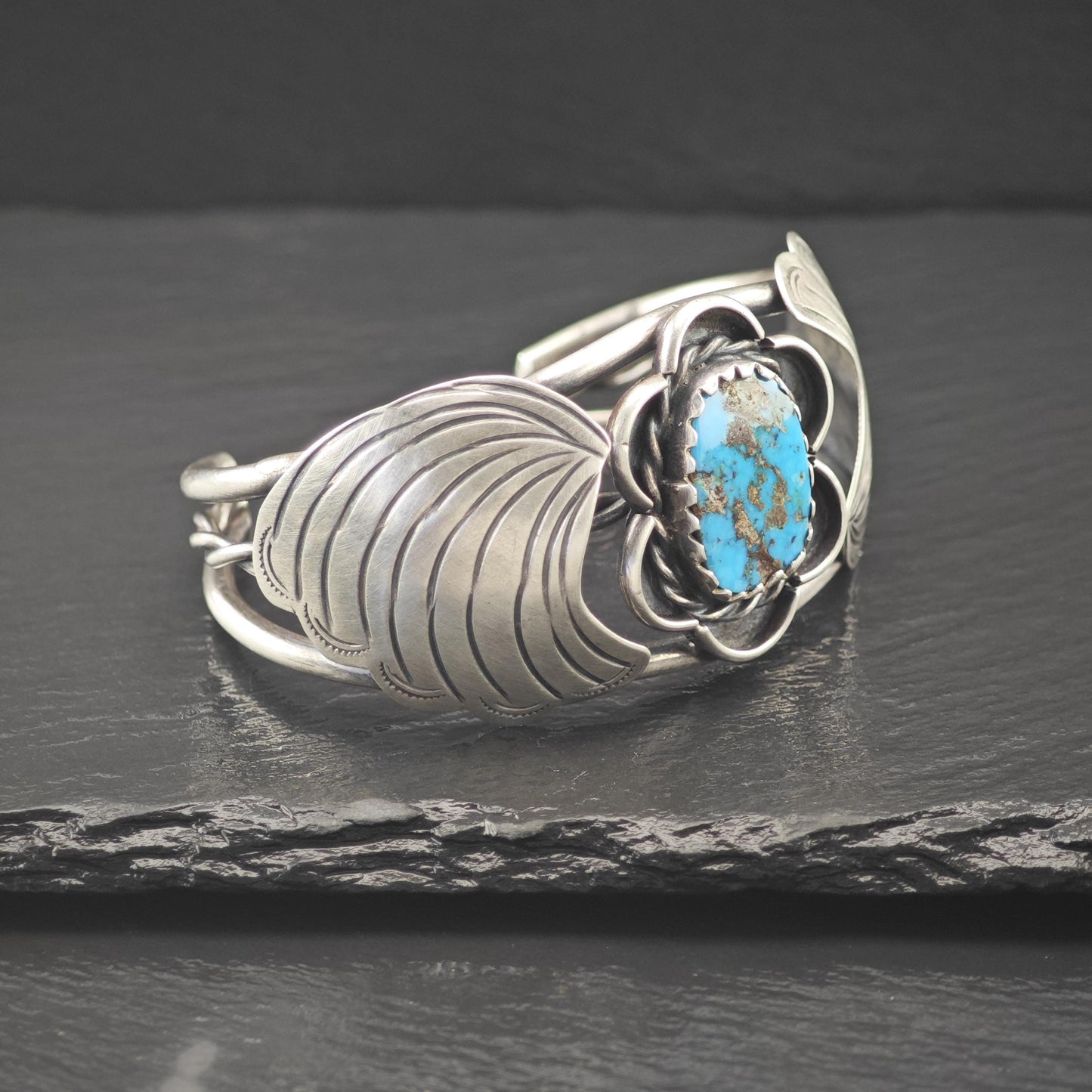Signed Native American Bisbee Turquoise Floral Cuff Bracelet Sterling Silver