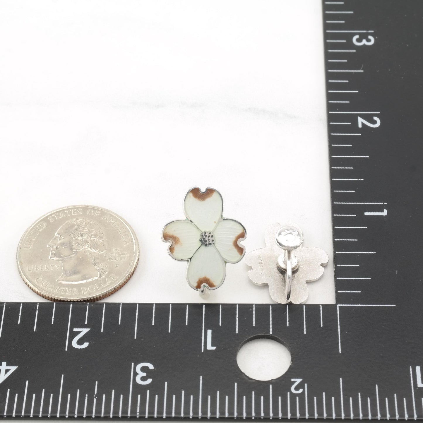 Vintage White, Brown Enamel Flower, Sterling Silver Screw Back Earrings