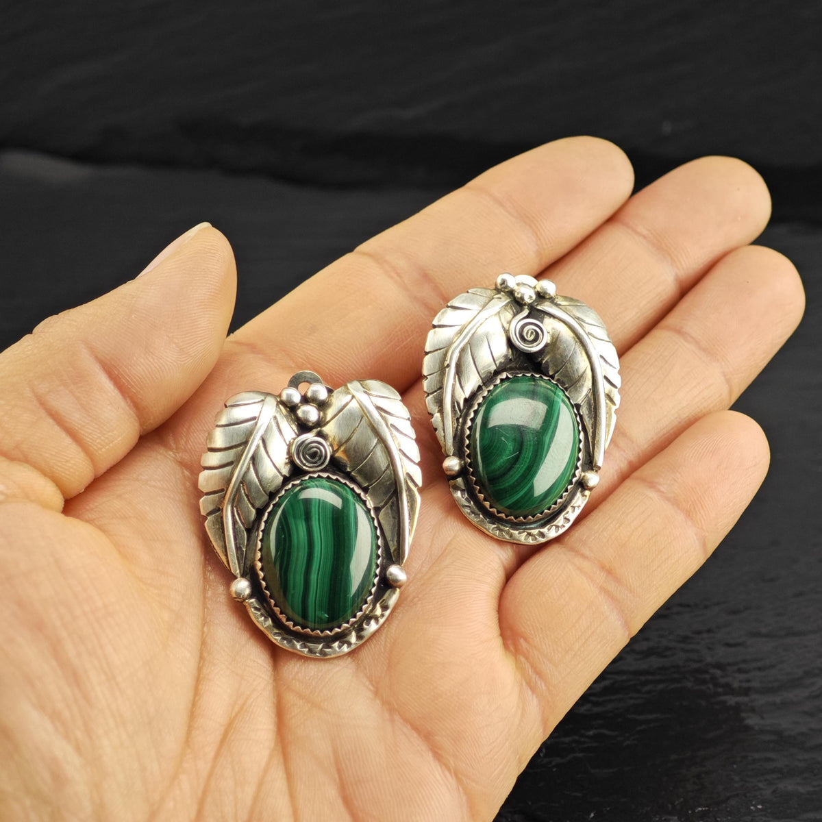 Vintage Native American Malachite Leaf ClipOn Sterling Silver Earrings ER3242