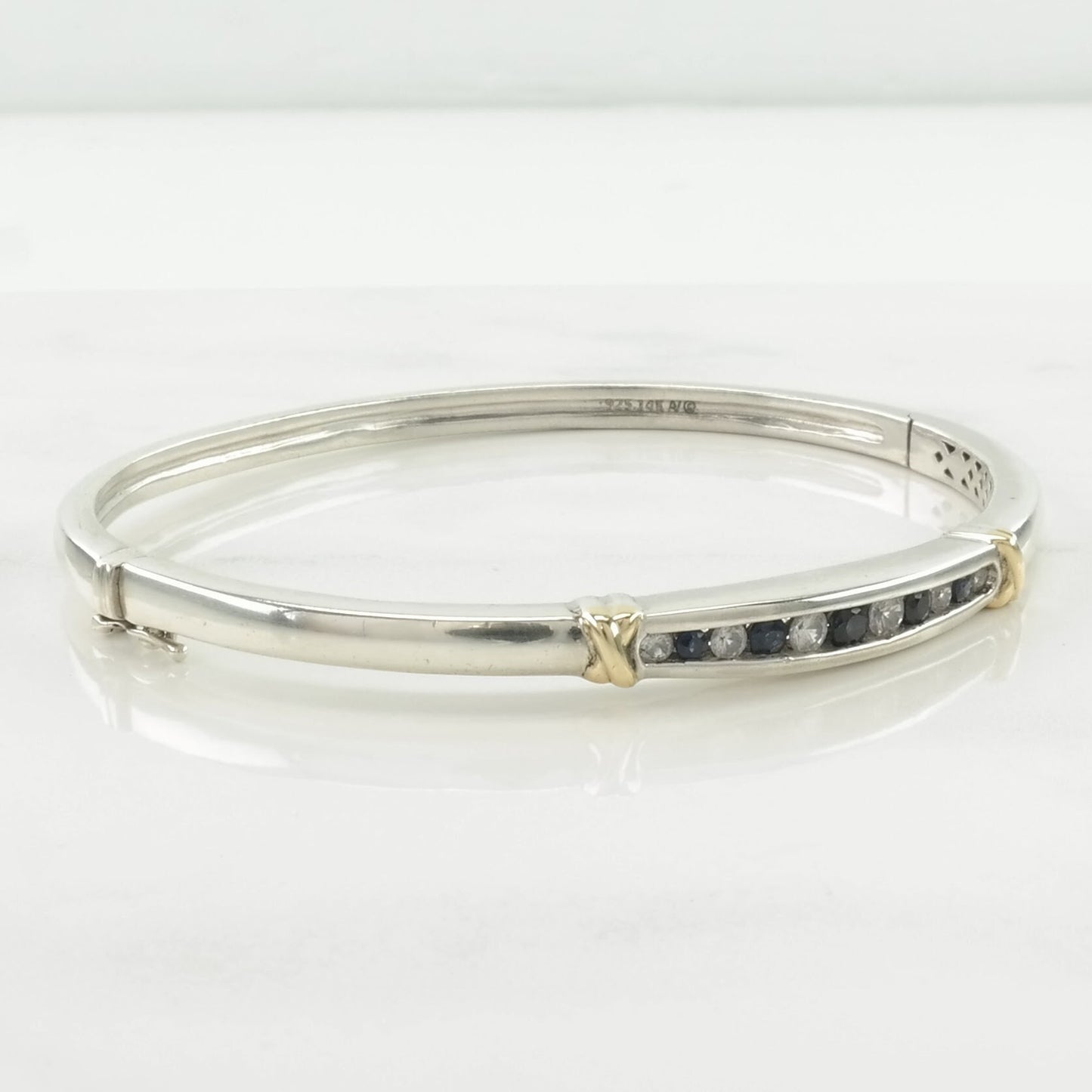 Designer Sterling Silver Bangle Bracelet Dark Blue, White Sapphire 14k Gold Accent